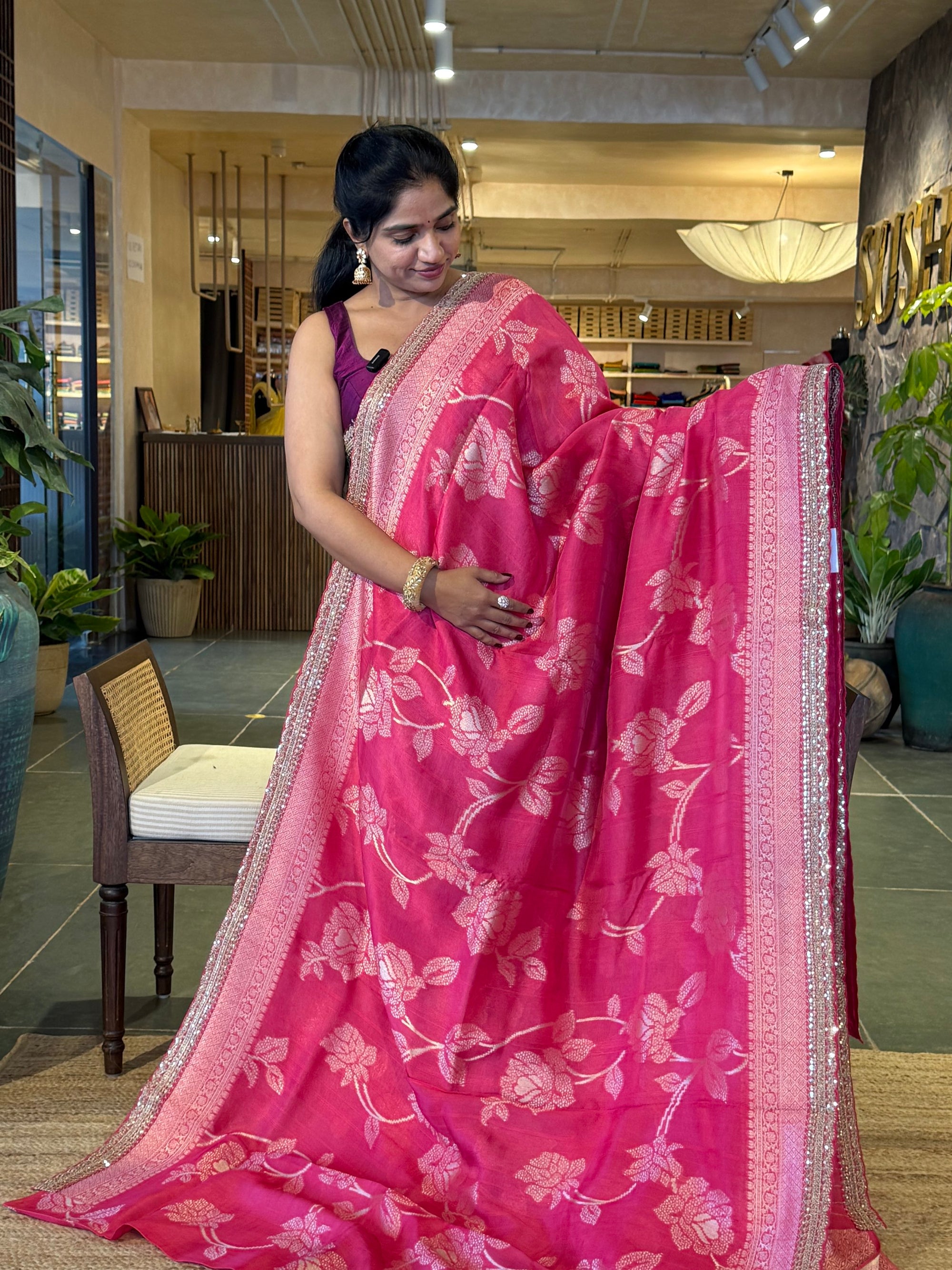 Hot Pink Tussar Khaddi Saree wth Allover weaving & sabhyasachi borders STKM15