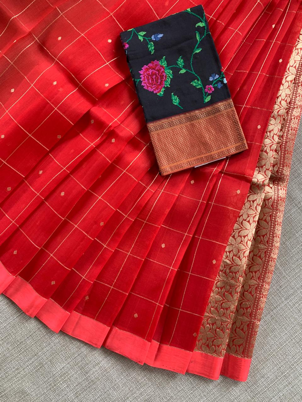 Red Handloom Banarasi Kora Checks Saree with allover Kaduwa Woven Zari Motifs .