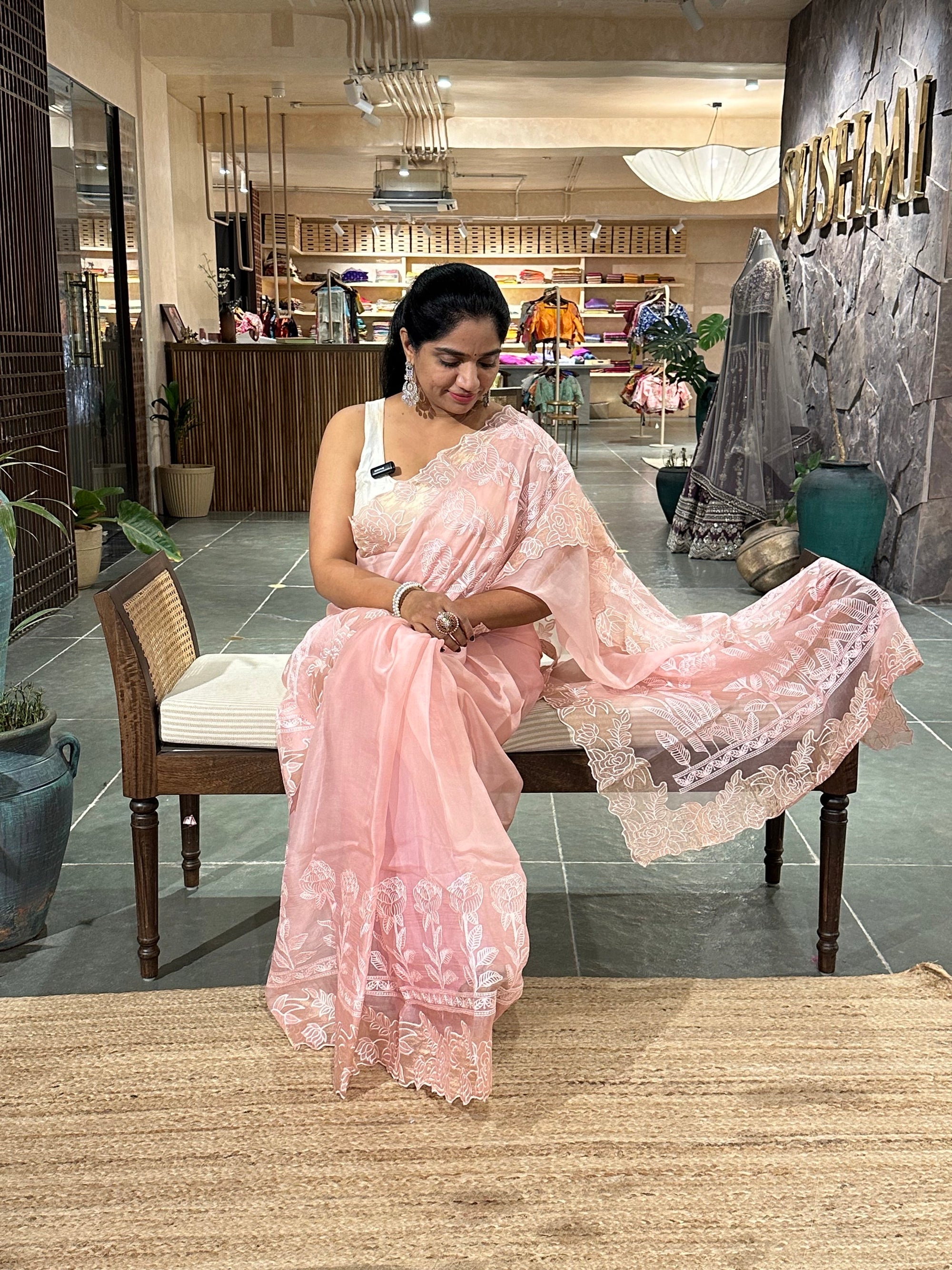 Blush Pink Pure Organza heavy  cutwork embroidered border saree