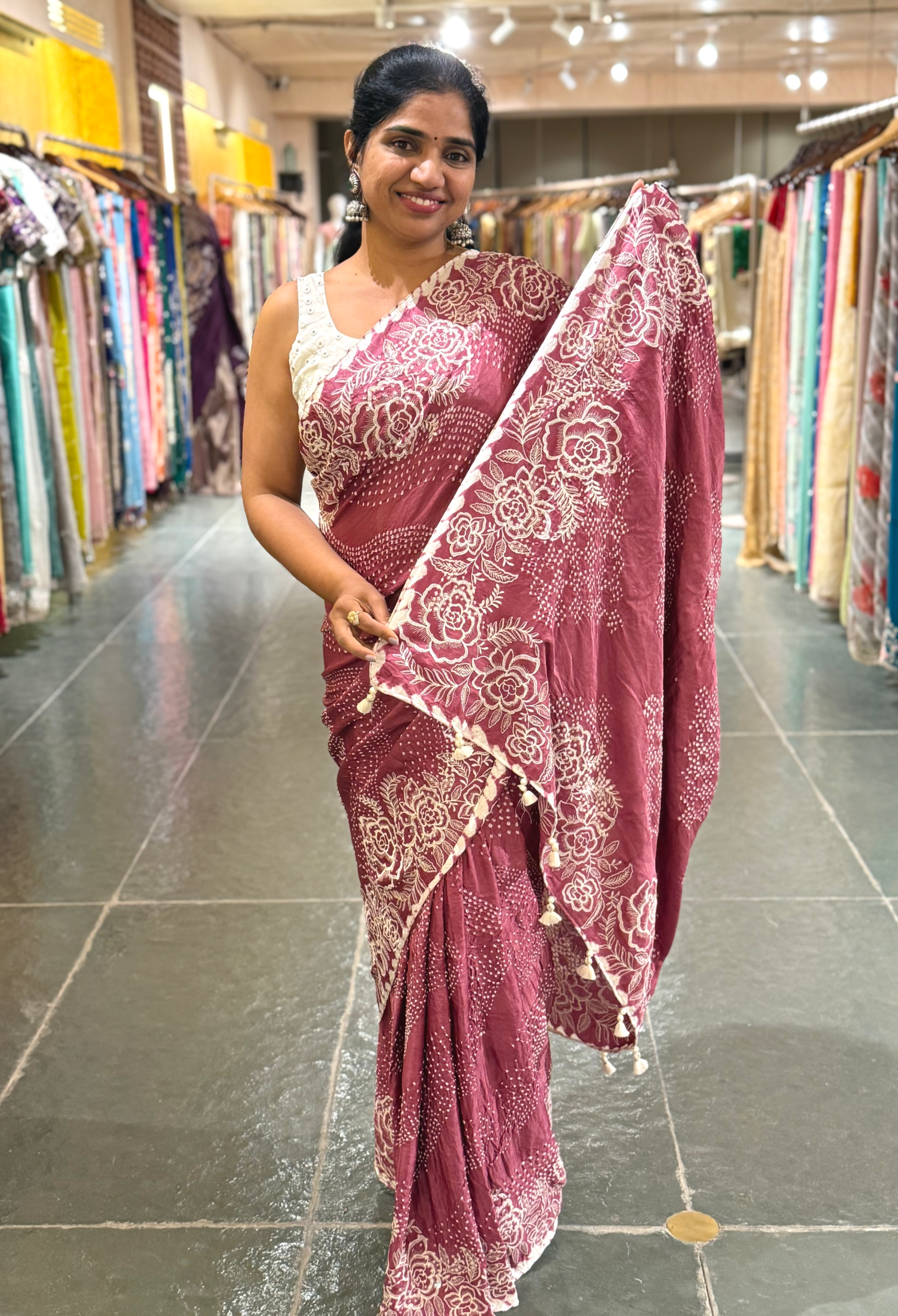 Dark Onion Pink Pure Gajji Silk Rai Bandhej Saree with Outline Embroidery