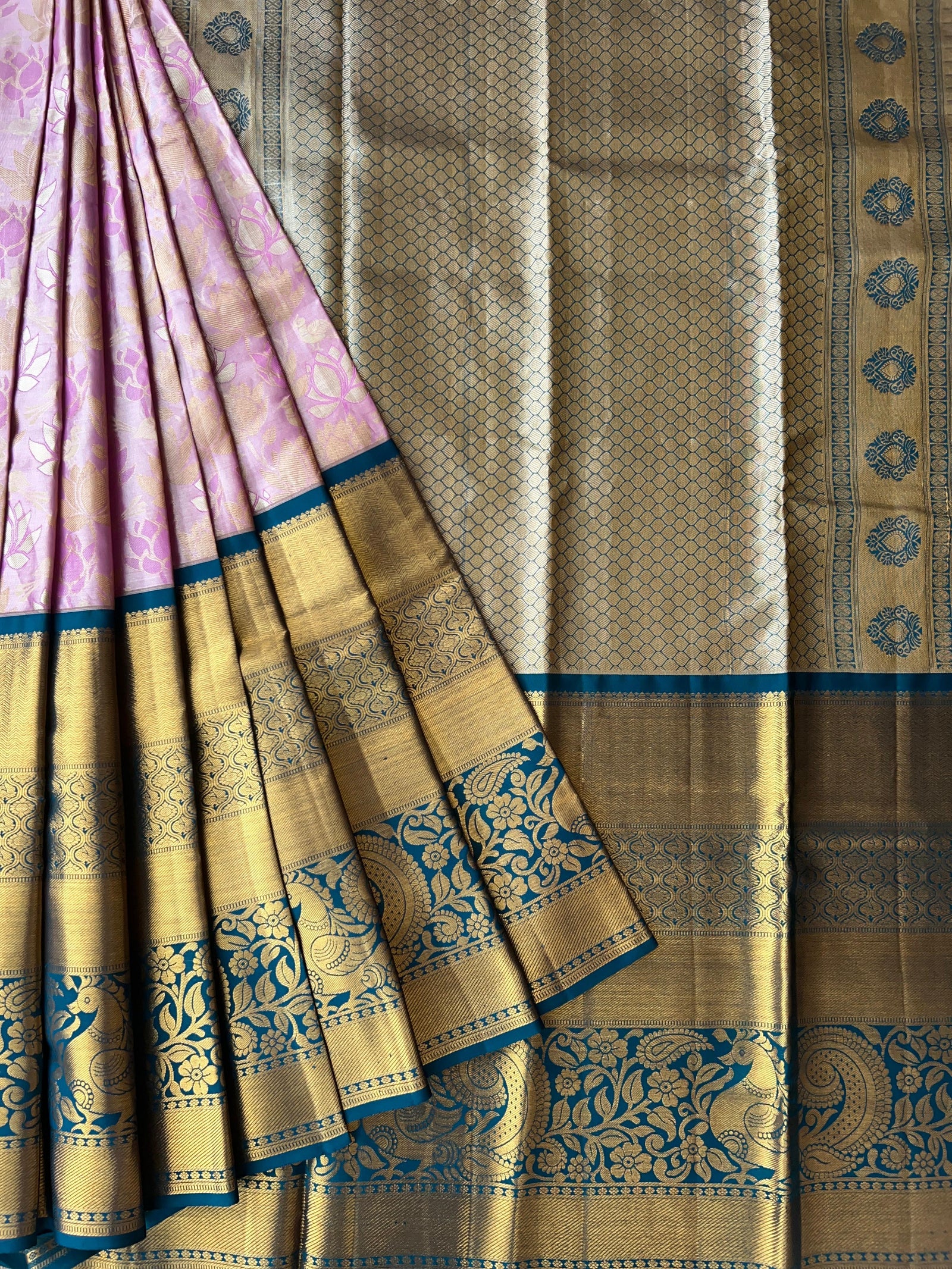 Lotus Pink & Peacock Blue Combo Pure Kanchi Tissue allover Brocade Saree