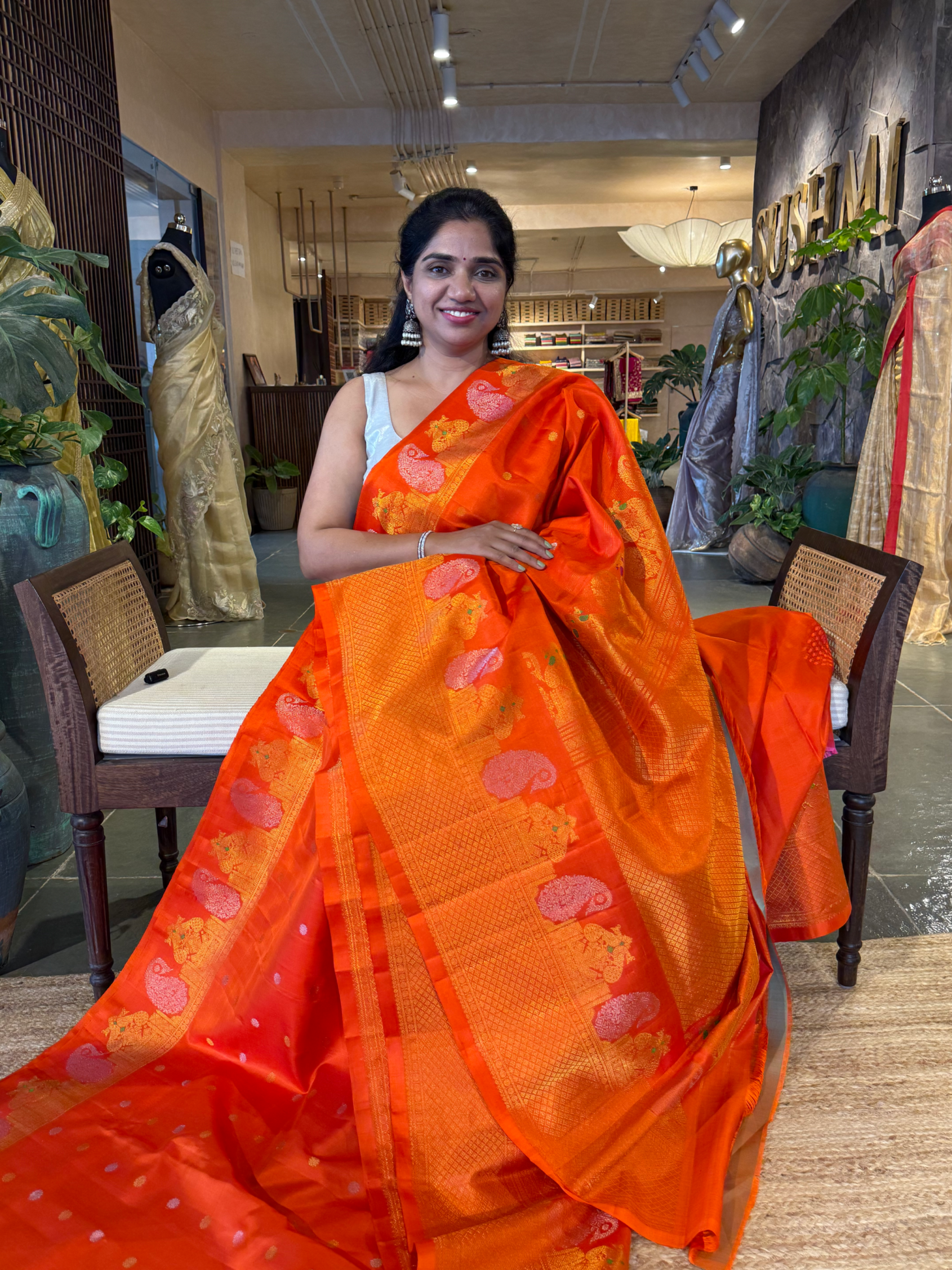 Orange  Pure Handloom Gadwal Saree Turning Borders