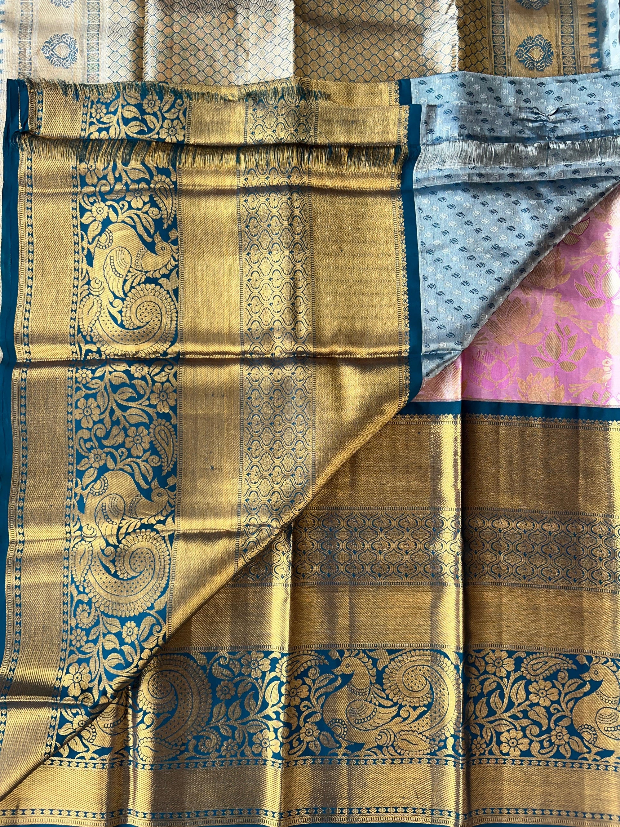 Lotus Pink & Peacock Blue Combo Pure Kanchi Tissue allover Brocade Saree