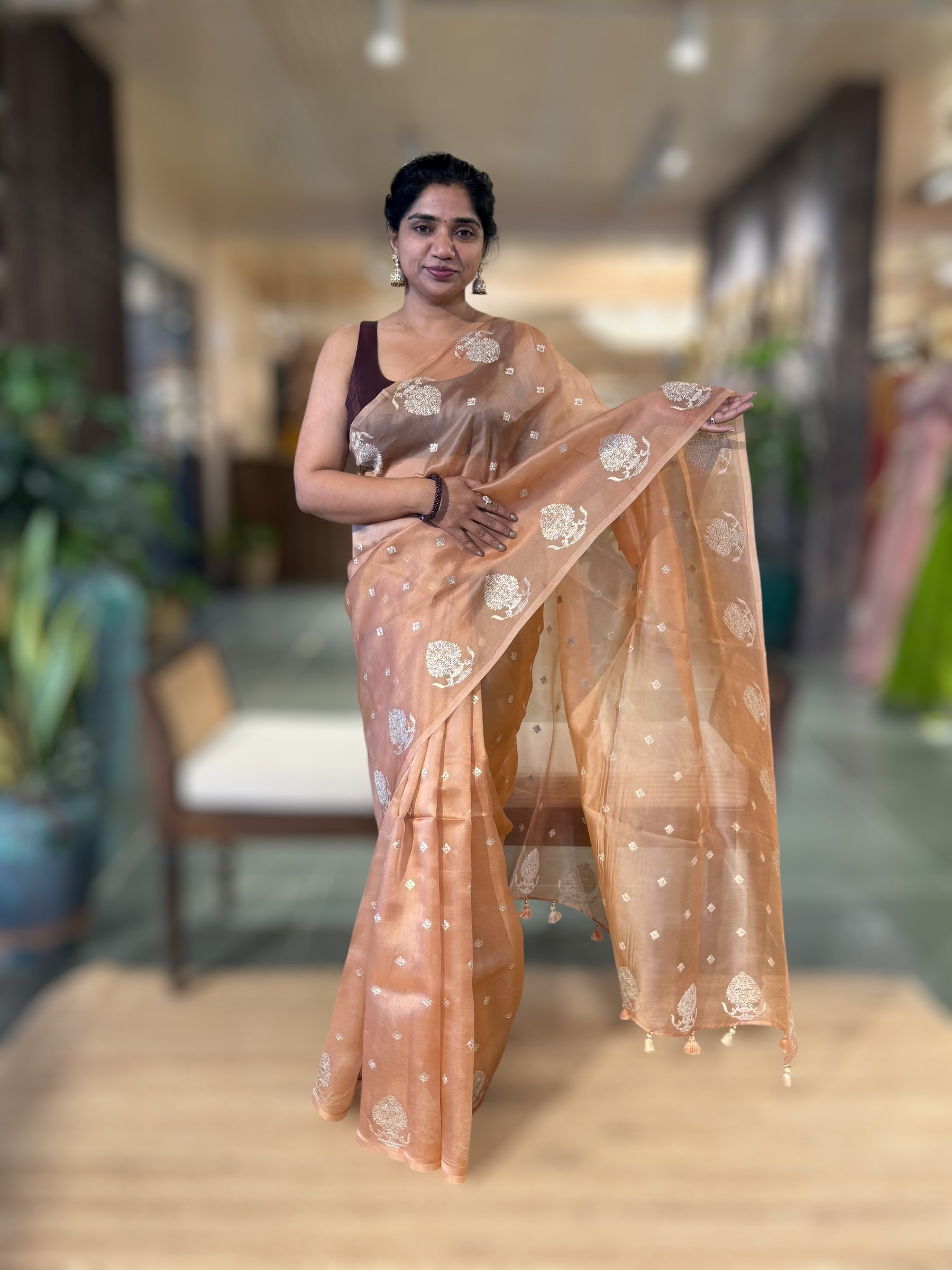 Peach Organza Saree With Embroidered Motif Border & Tussar Printed Blouse