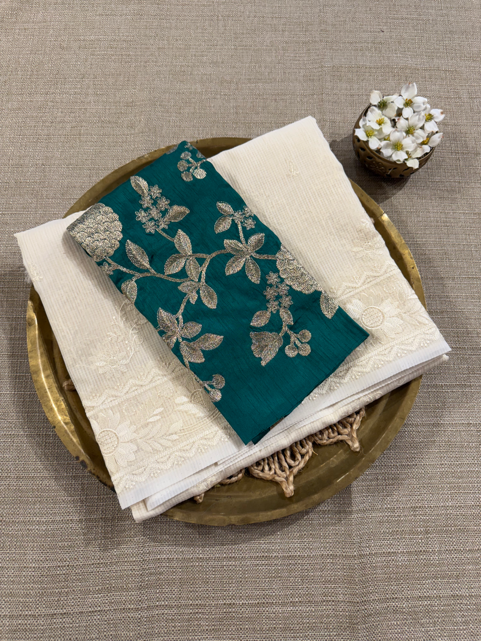 KCCA1907 : Kota Cotton Chikankari Embroidered Saree paired with Fusion Blouses