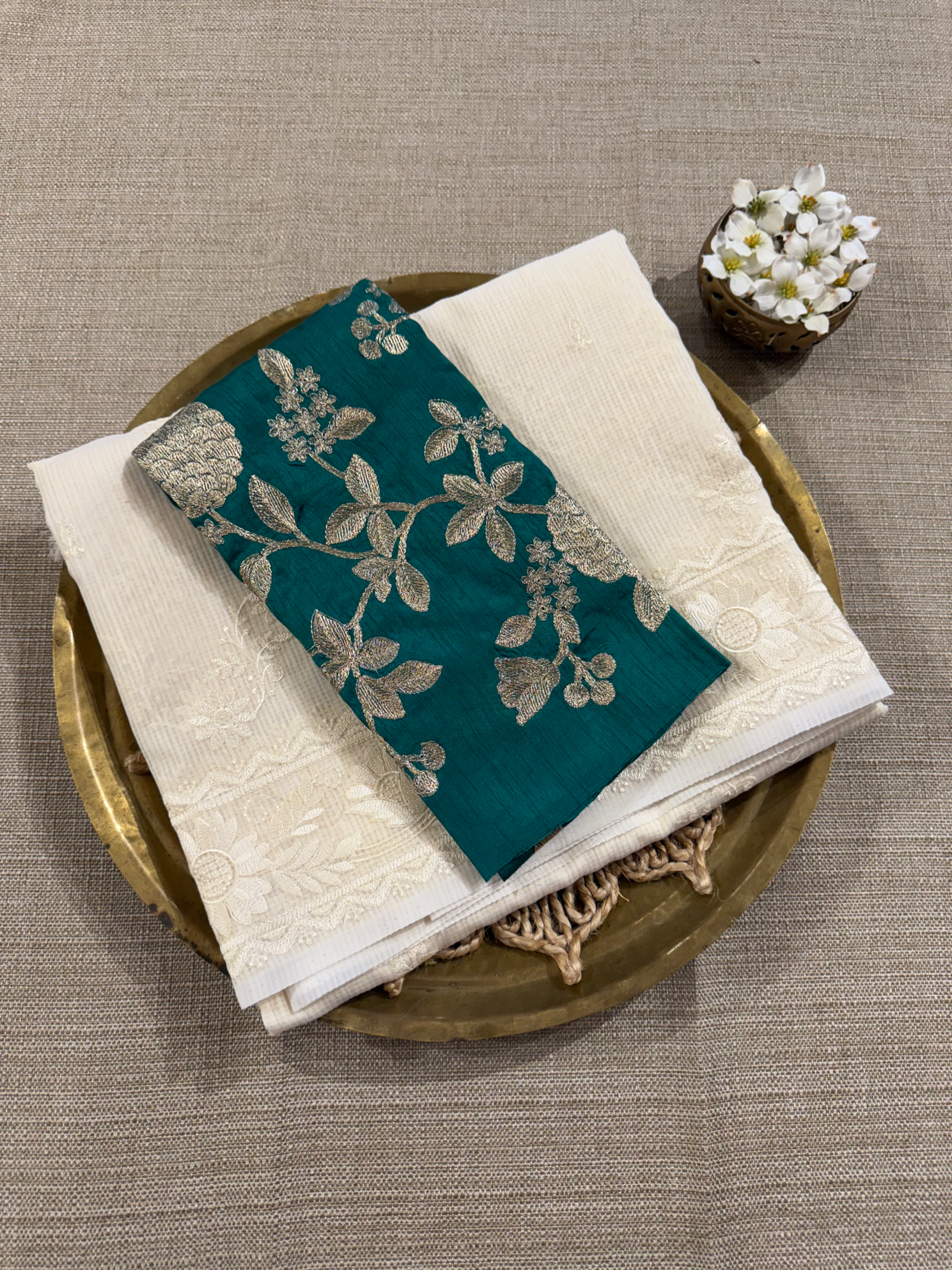 KCCA1907 : Kota Cotton Chikankari Embroidered Saree paired with Fusion Blouses