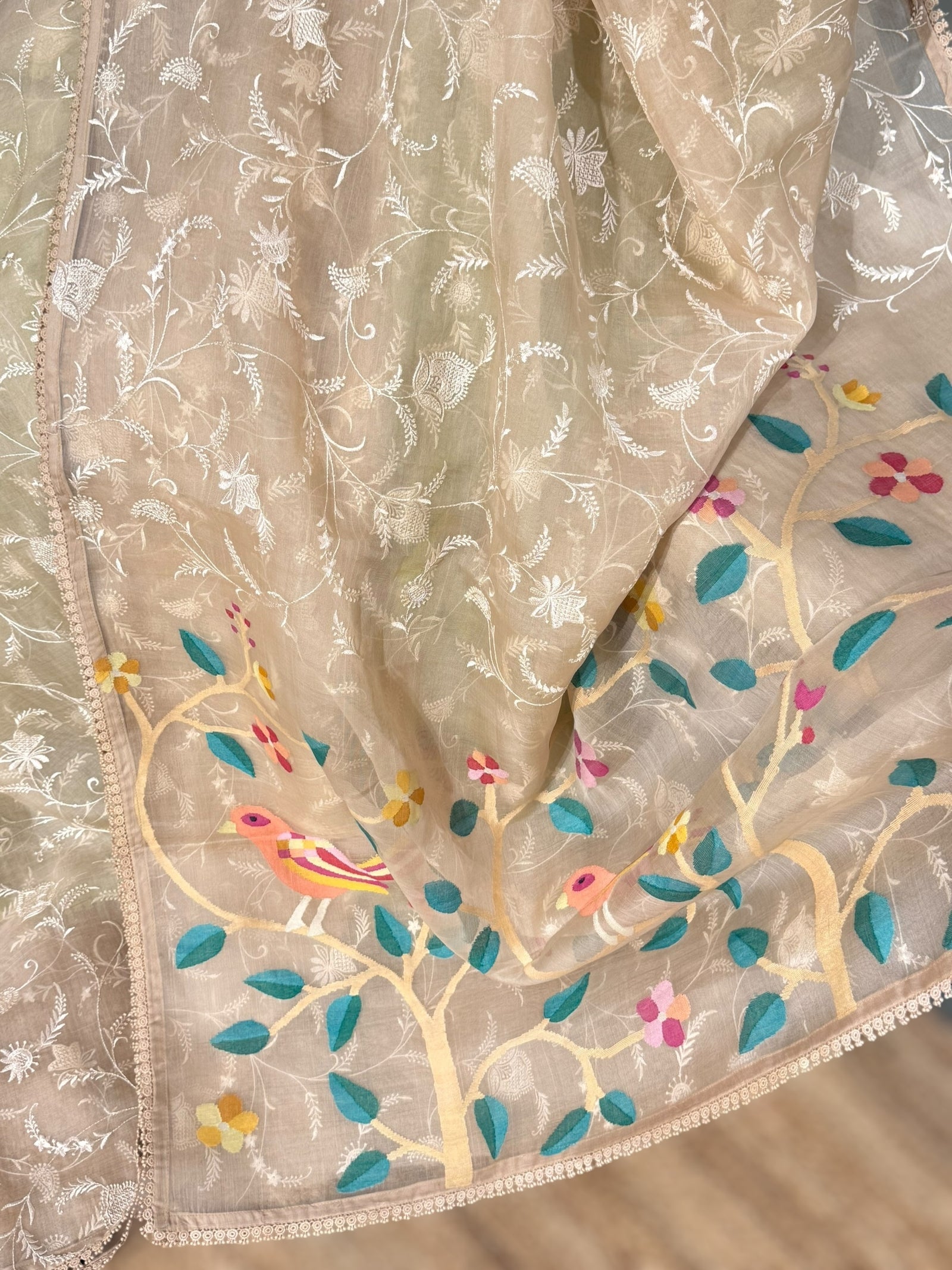 Beige Pure Handloom Muslin Saree with Allover chikankari & Jamdnai Pallus