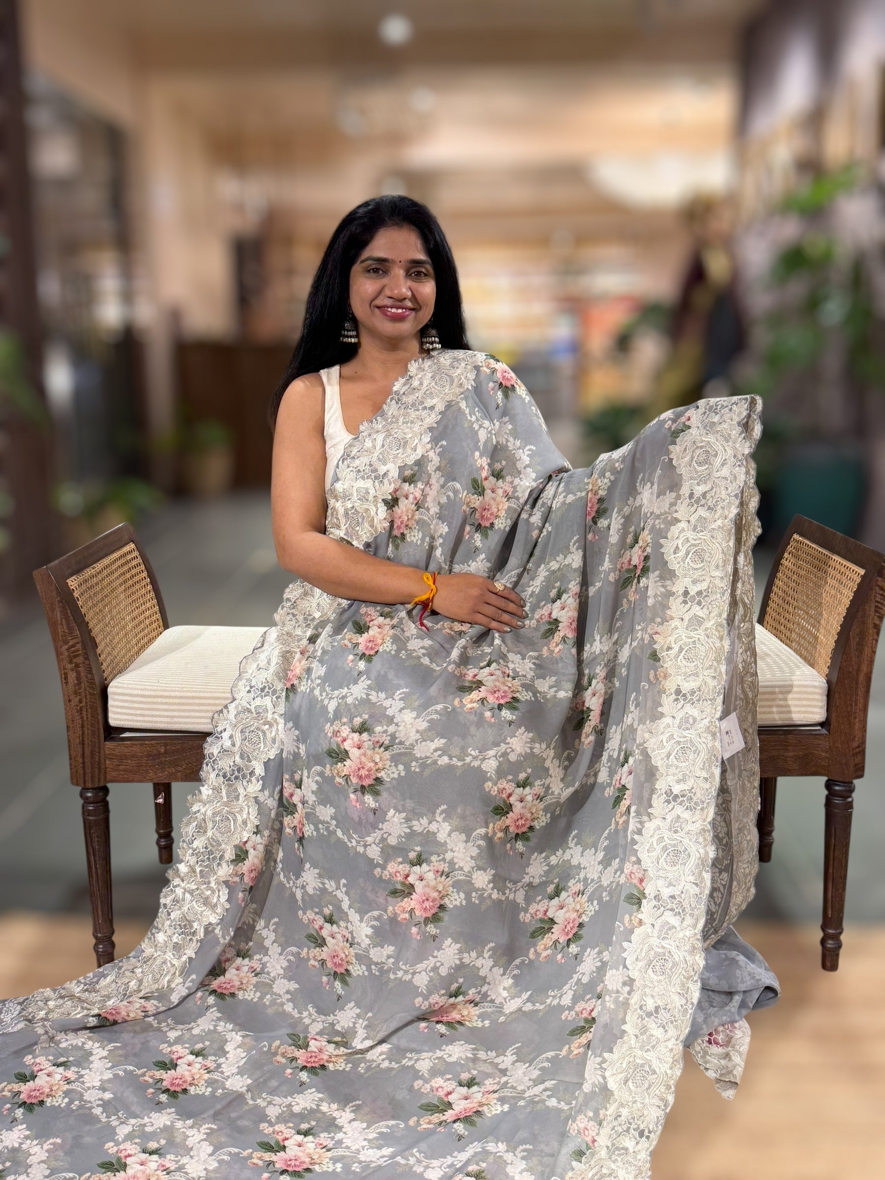Grey Gorgette Printed Saree With Chatilly Lace Style Cutwork embroidered Border