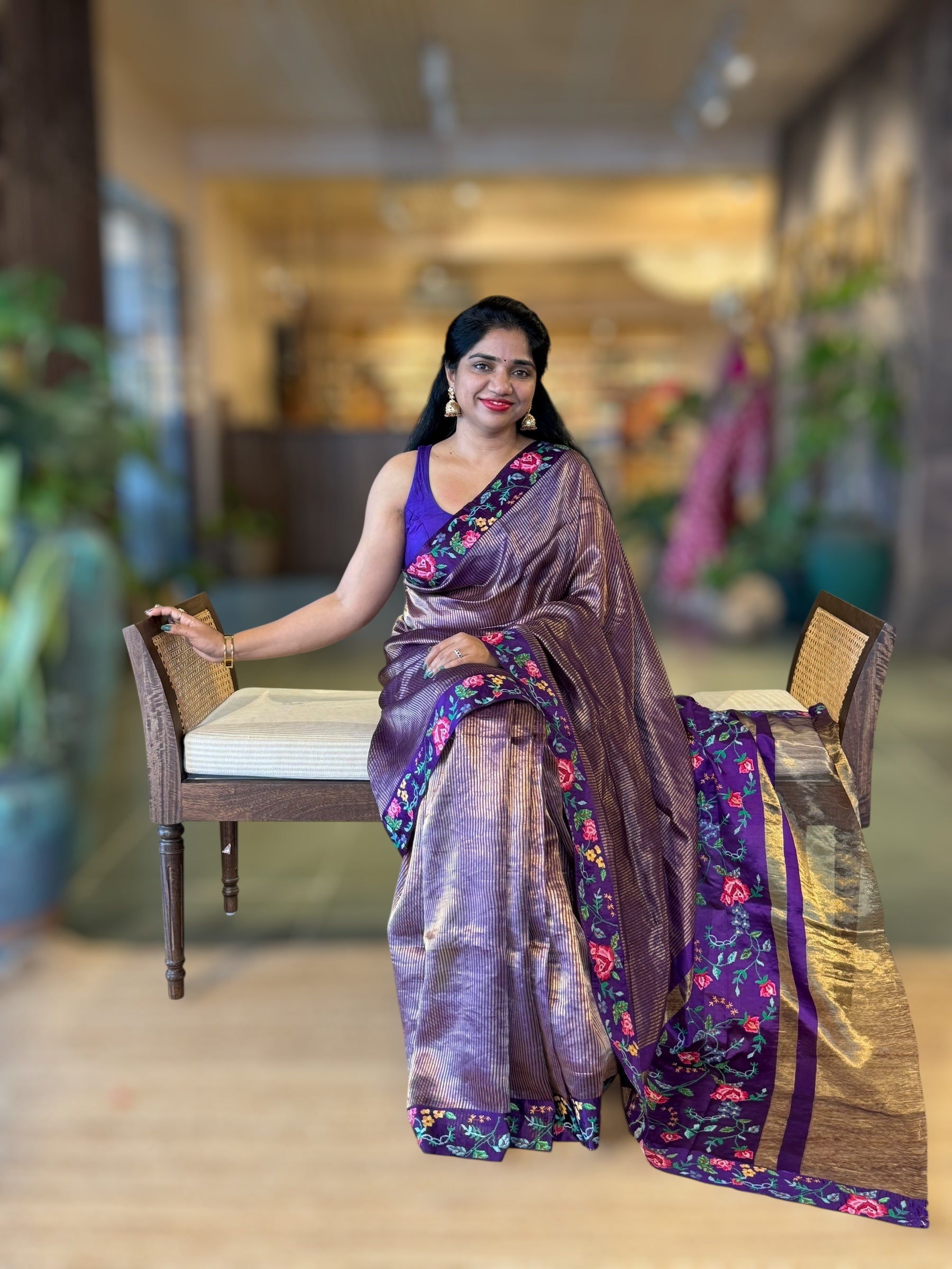 Violet Tissue Stripes Saree With  Petite Point Embroidered Border Pallu and BP