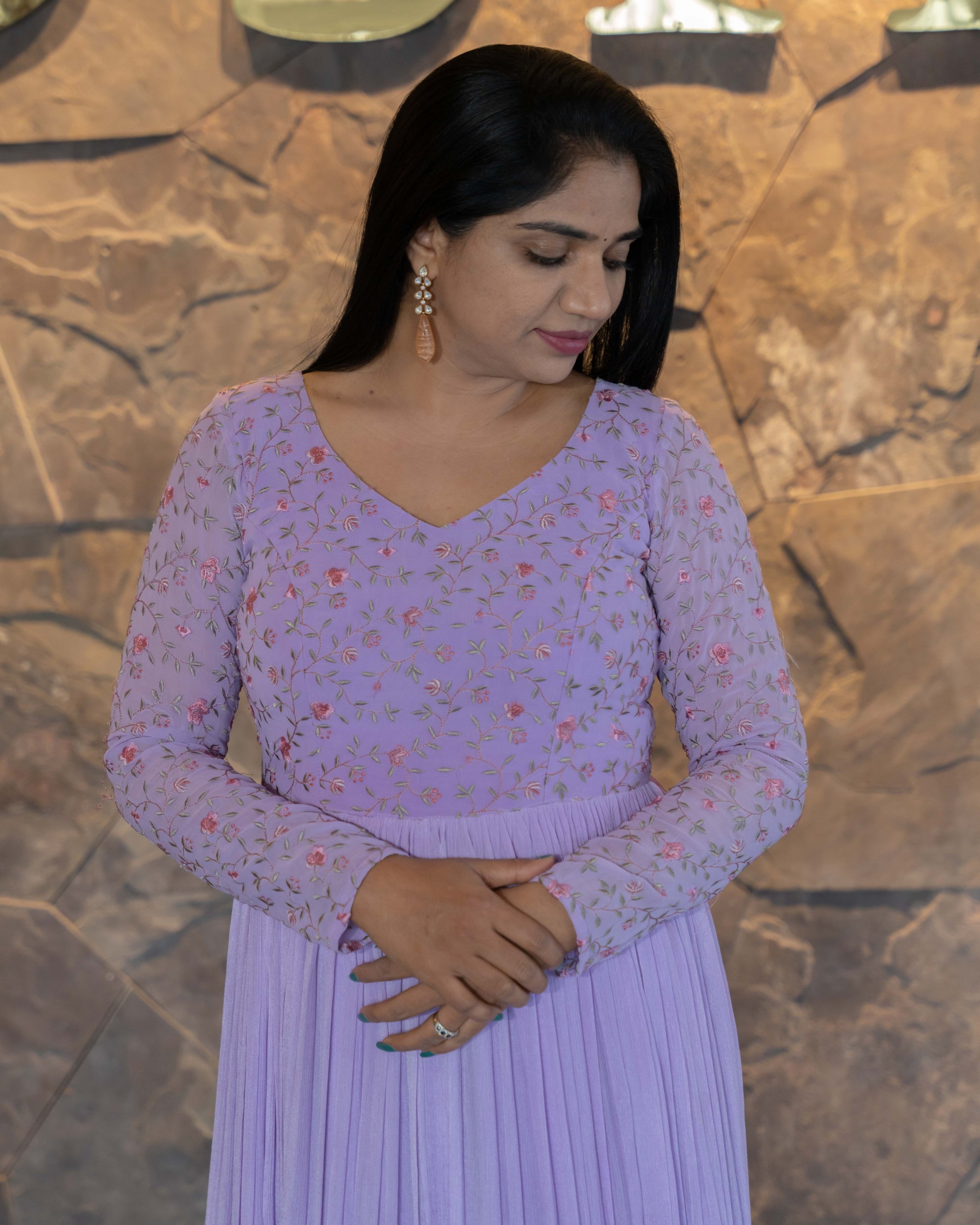 Pure chinnon long frock with embroidered yoke