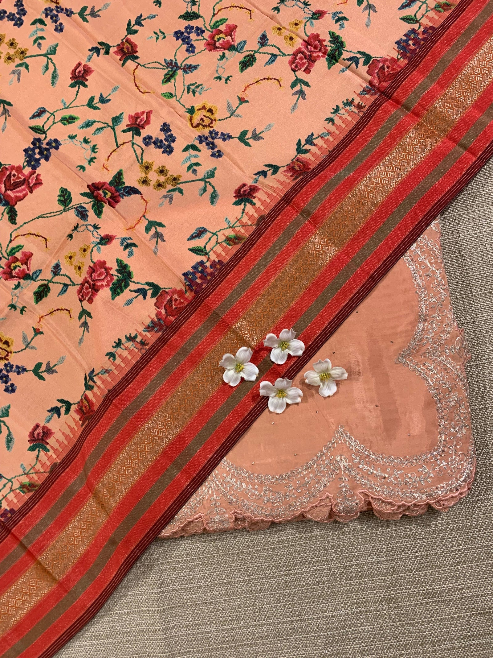 Peach Crepe Silk Saree With Pita Work Scallop Border & Pure Silk Printed Blouse