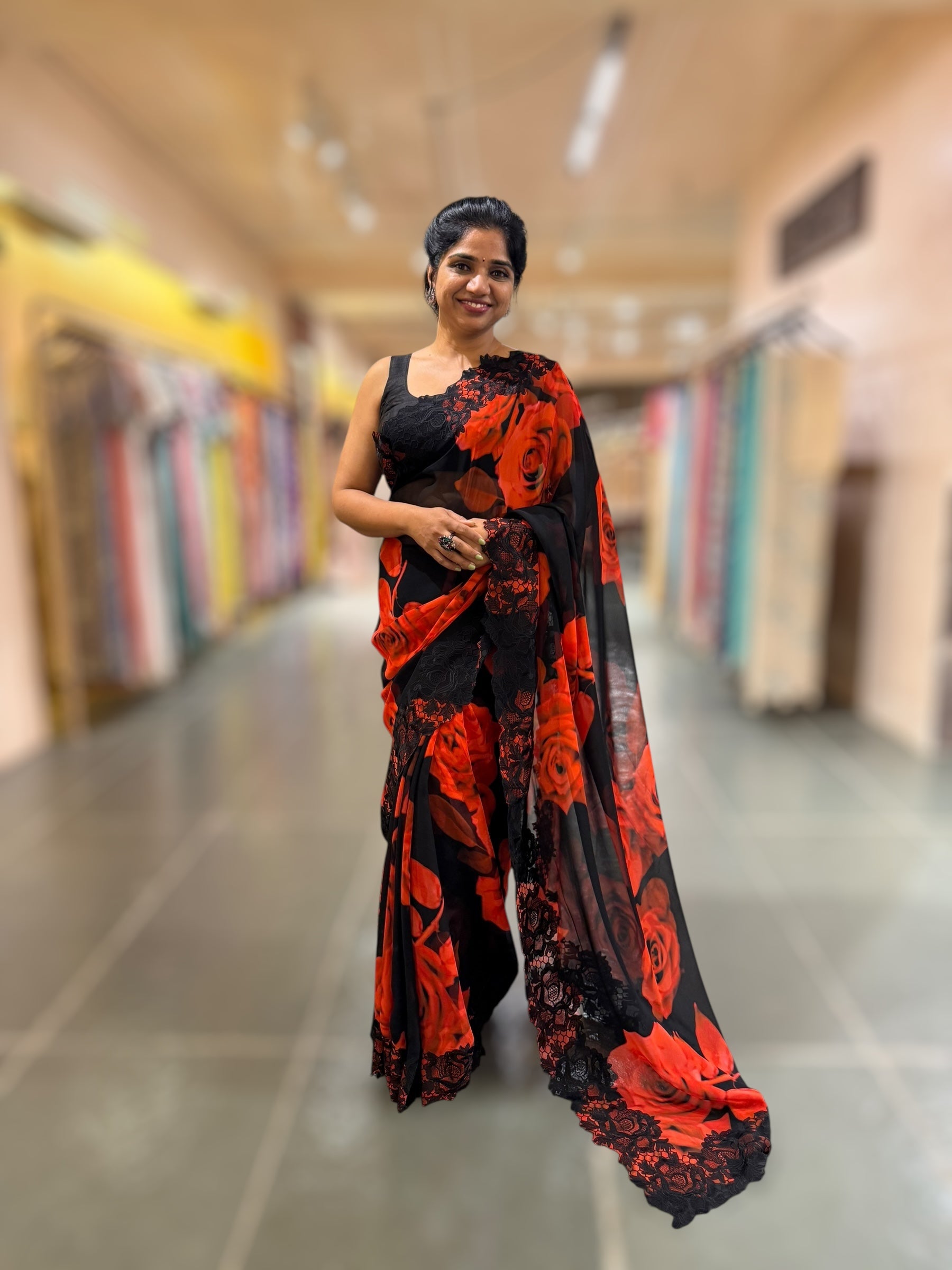 Red & Black Gorgette Saree With Chatilly Lace style Cutwork embroidered Border