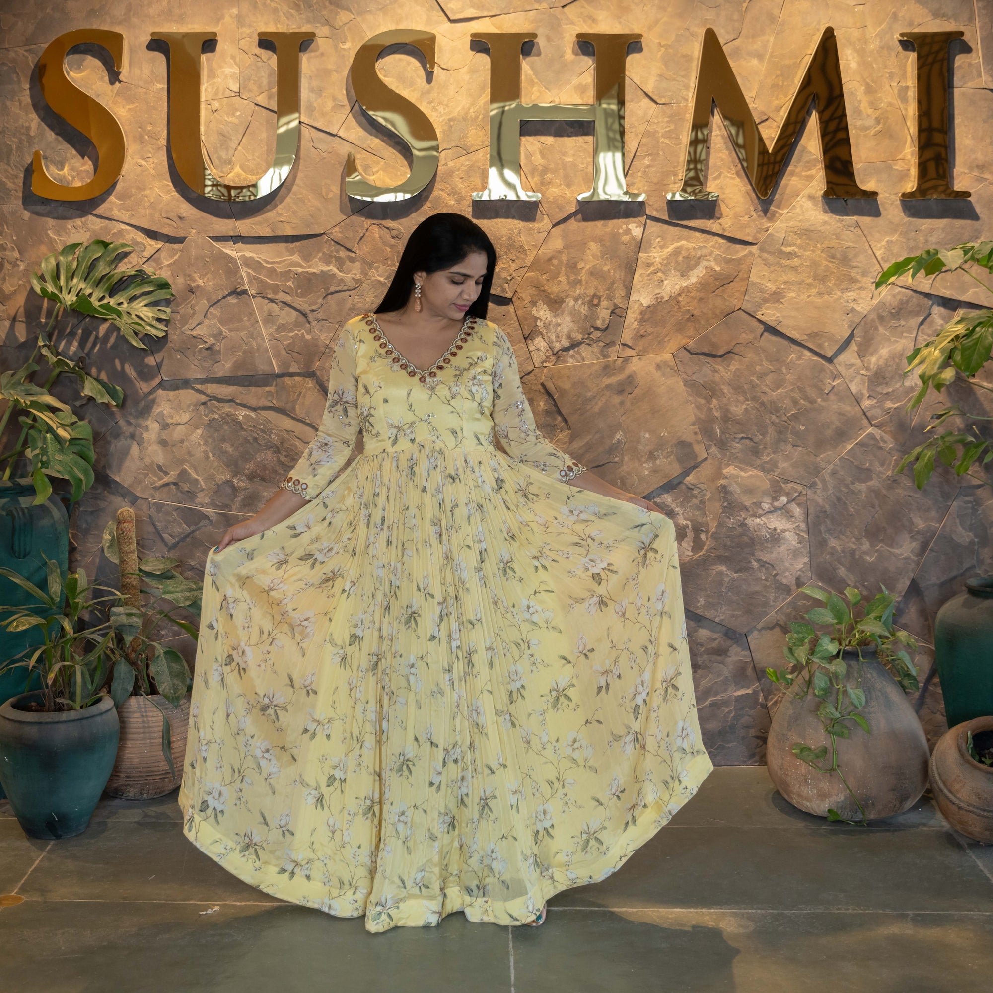 Pure Chinnon Printed Long Frock with handwork yoke