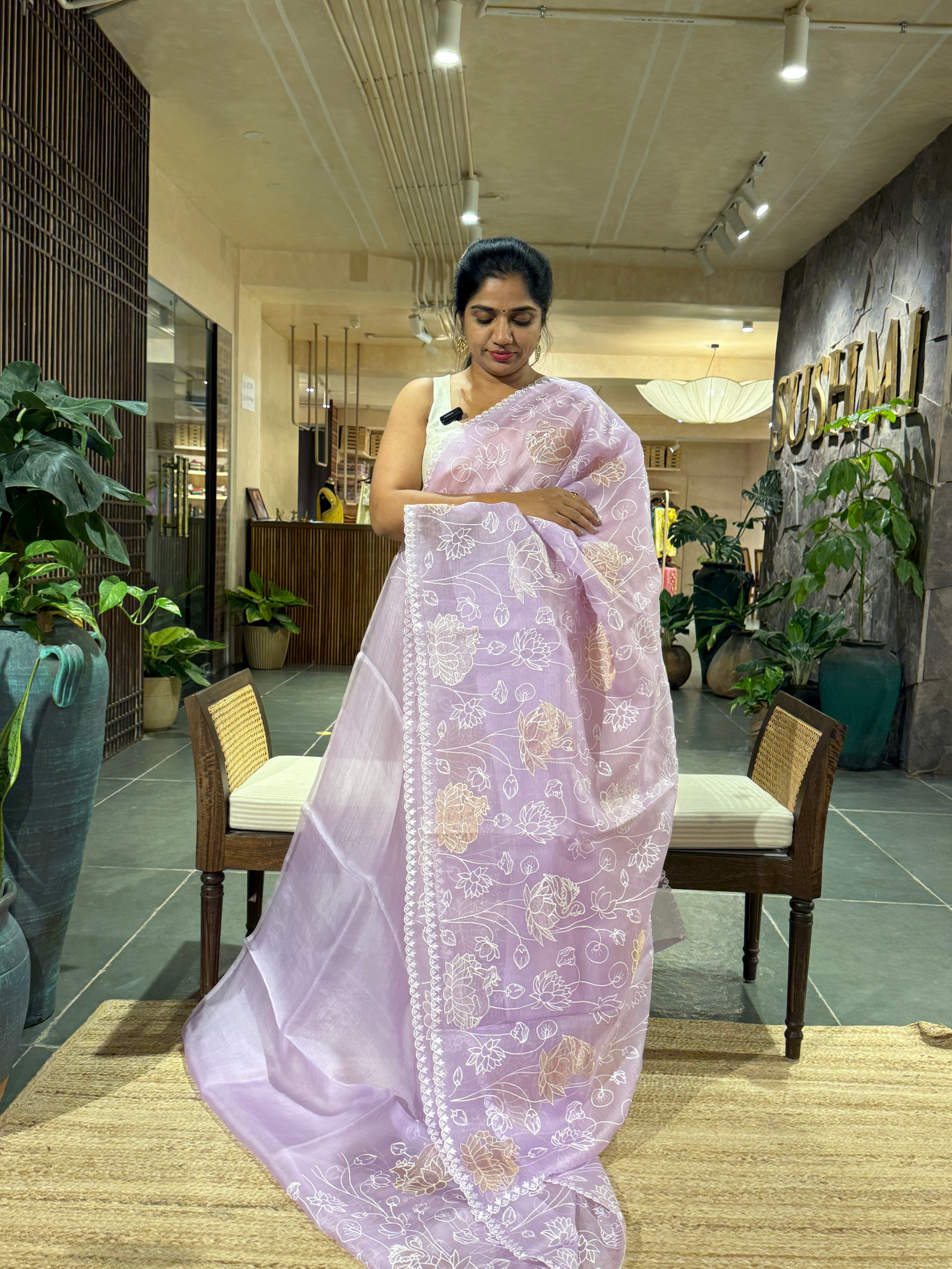 SOAA1609 :  Lilac Organza Saree with Allover Pichwai Applique Embroidery