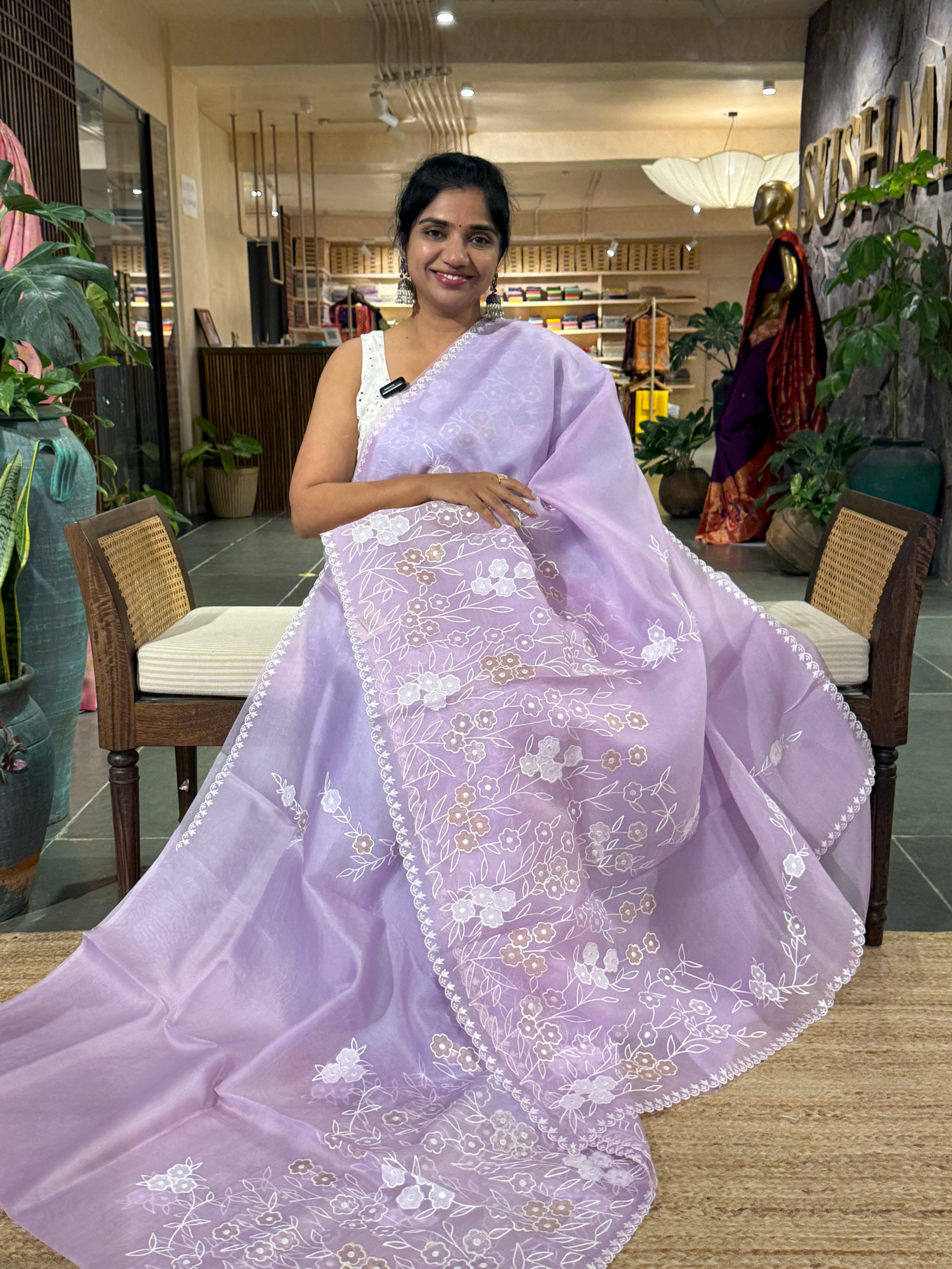 Lilac Organza Applique work Saree