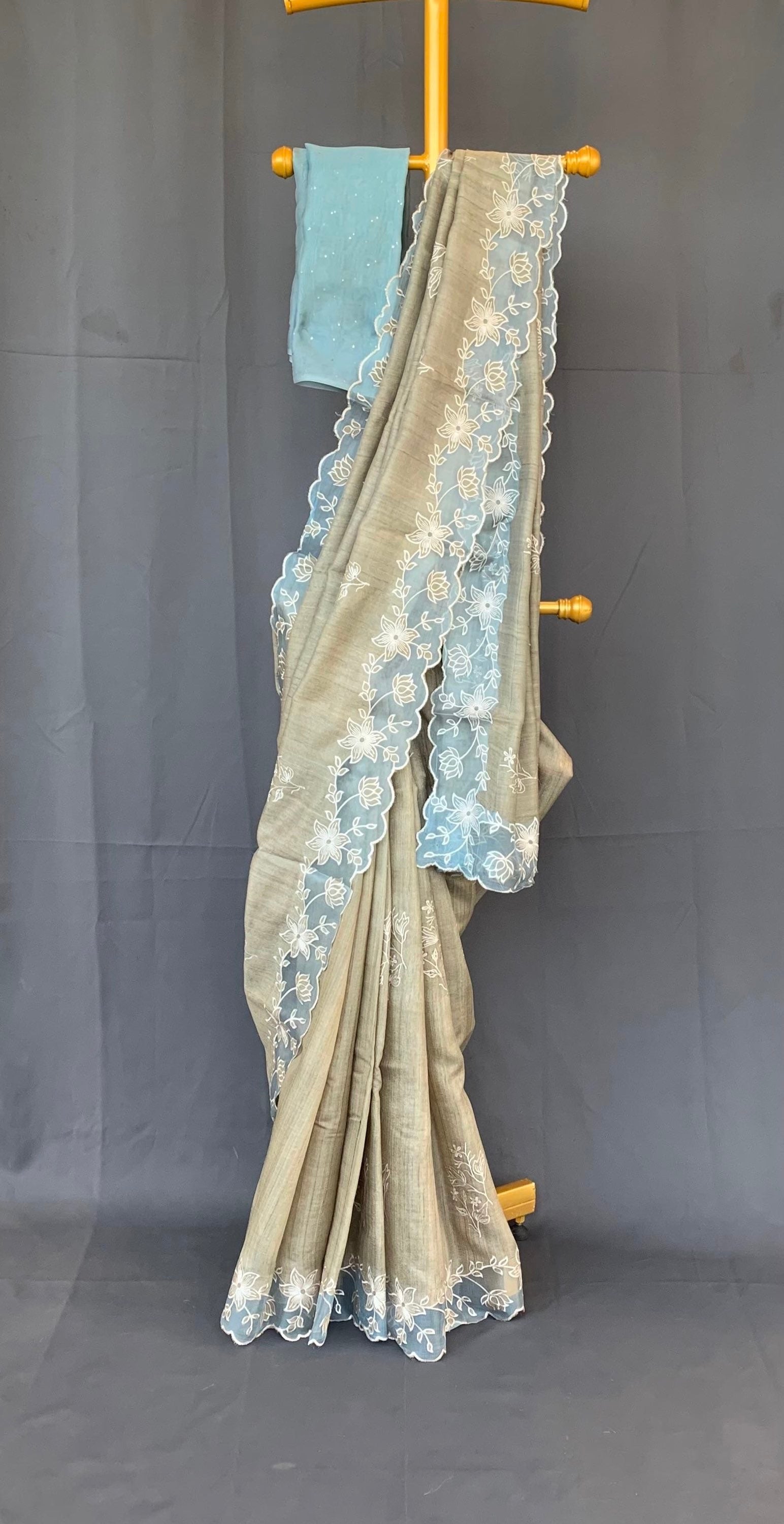 Pure handloom Tussar Designer Saree with Organza Applique Cutwork Border