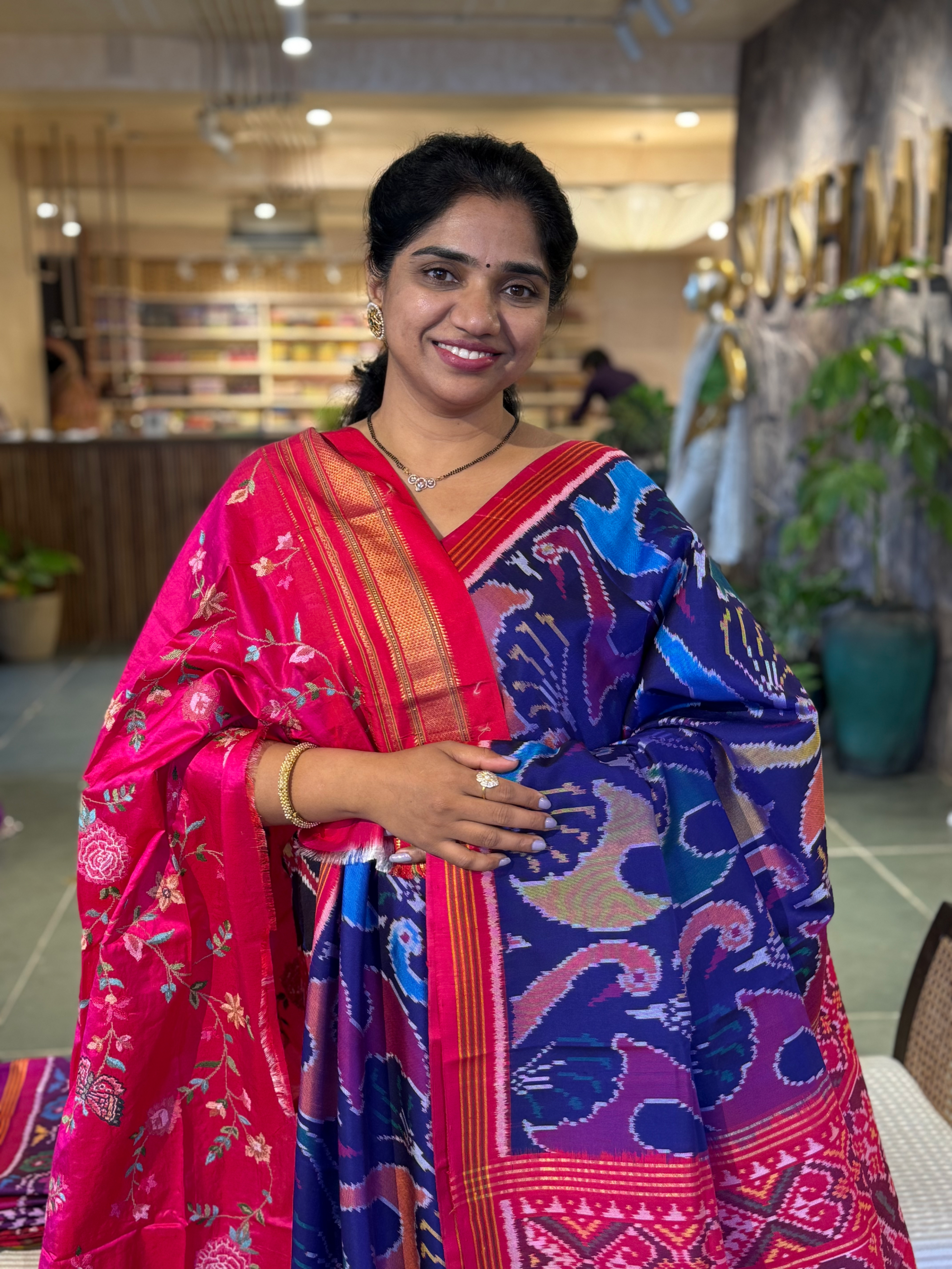 Purplish Blue and Reddish Pink Patan Patola Saree with Statement Swan Pattern