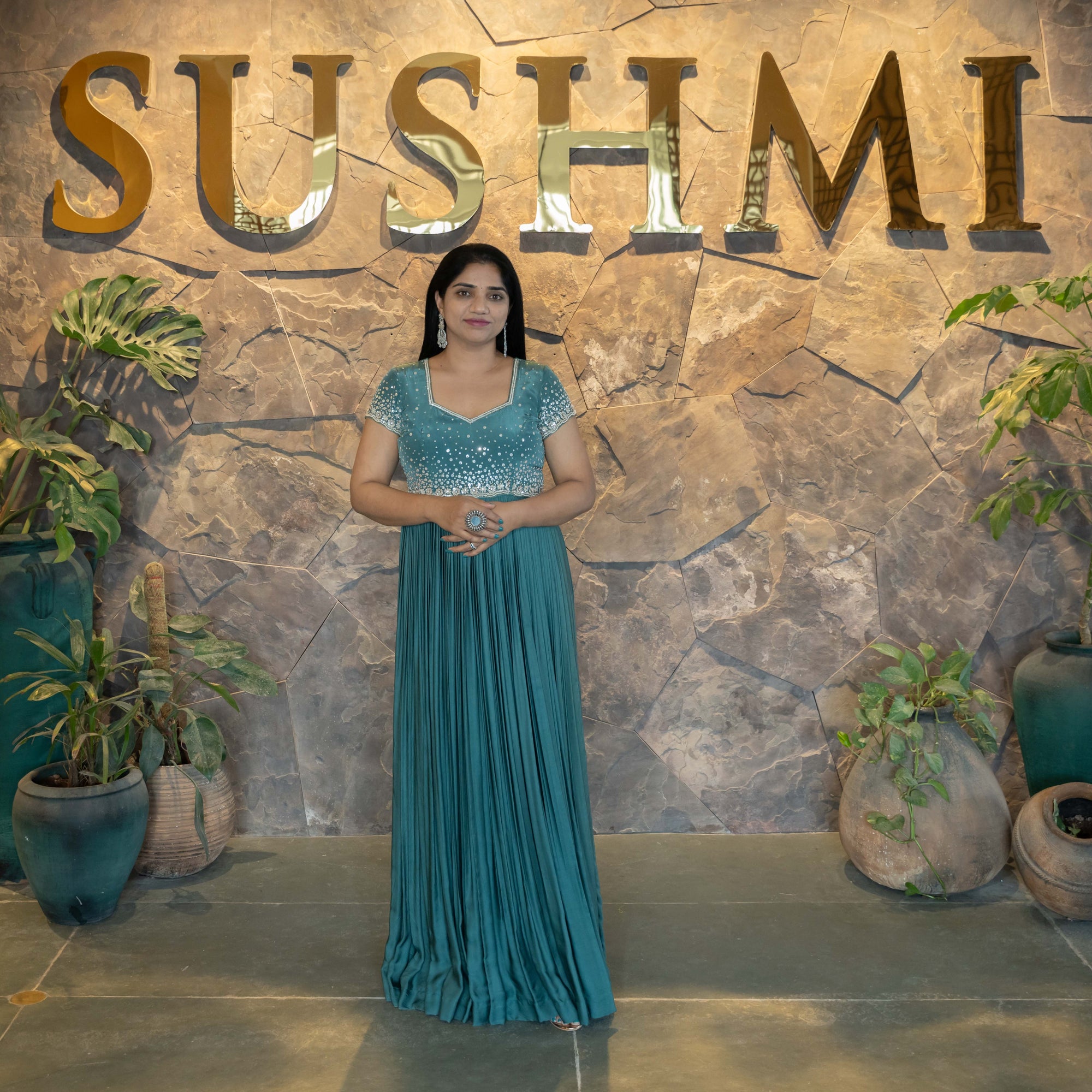 Peacock Blue Modal Satin Silk Long Frock with handwork yoke
