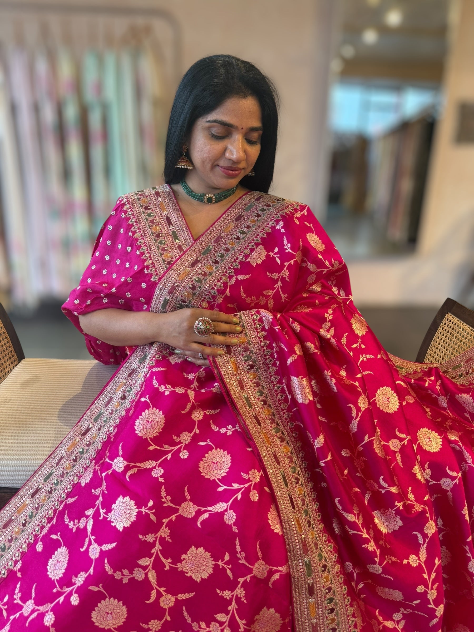 Rani Pink Banarasi Silk Saree With allover jaal design and Sabhyasachi Borders
