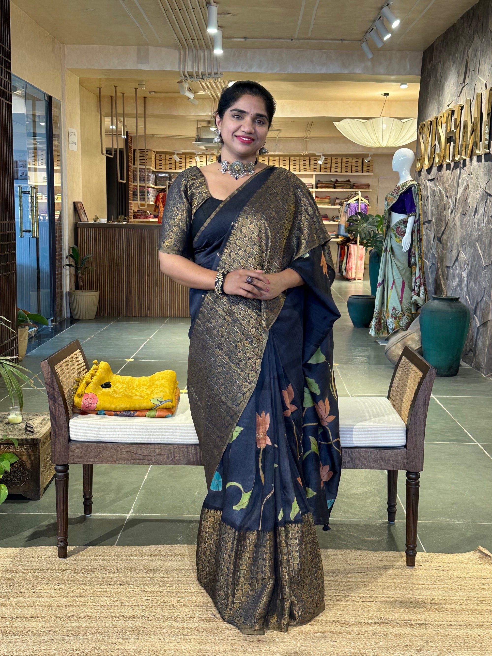 Elephant Black Pure Handloom Munga Banarasi Saree with pichwai handpainting .