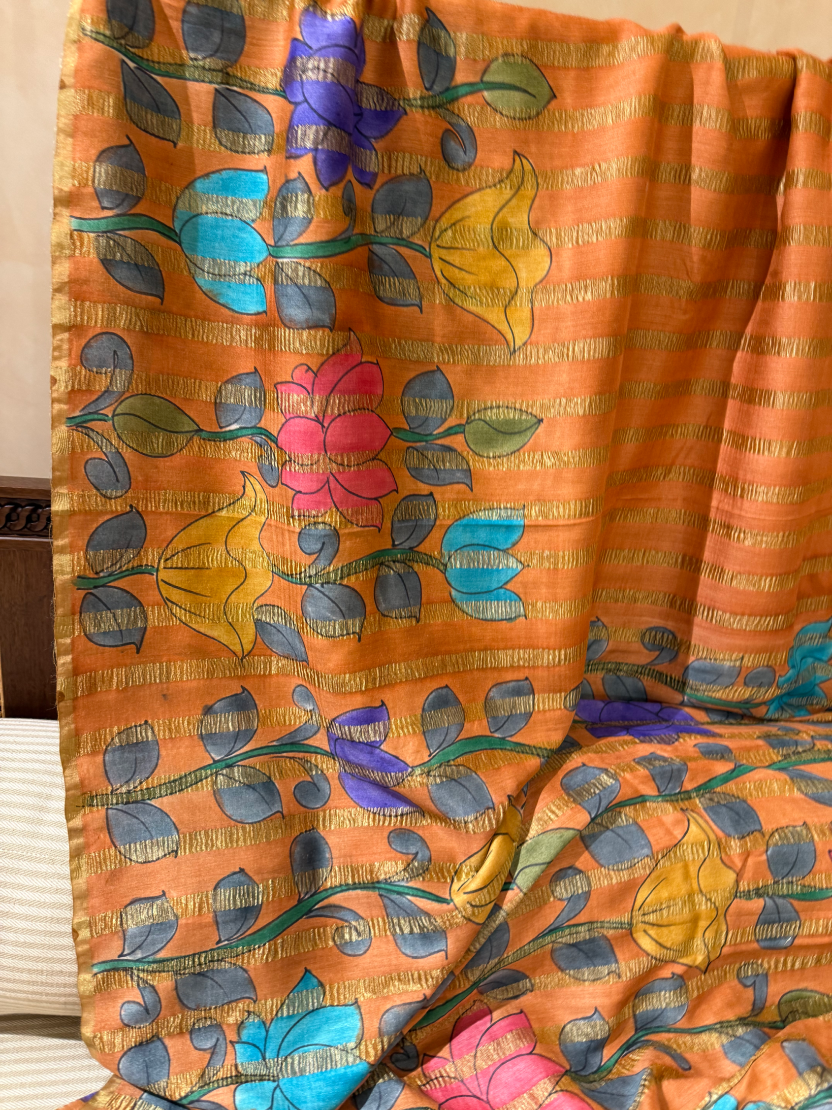 SMTKM174 Pure Handloom Munga Silk Wth Tissue Stripes & Penkalamkari Handpainting