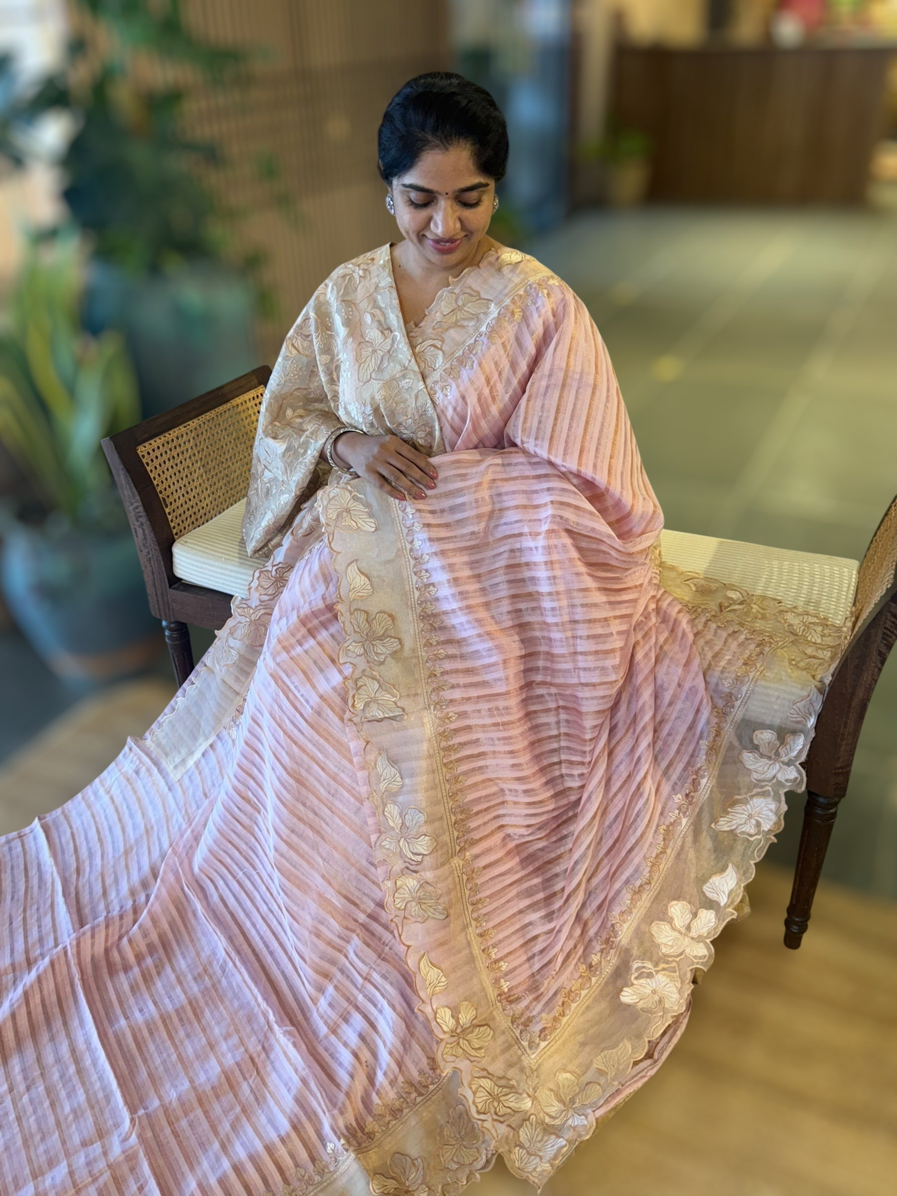Lilac Pink Mul Tissue Stripes Saree With Tissue Cutwork  Border & Blouse