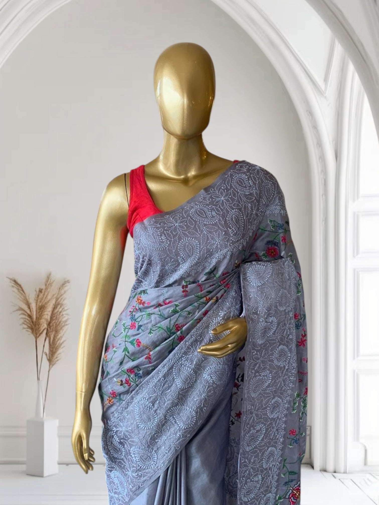 Tussar Saree With Petite Point Embroidered body & Hand lucknowi border & Pallu