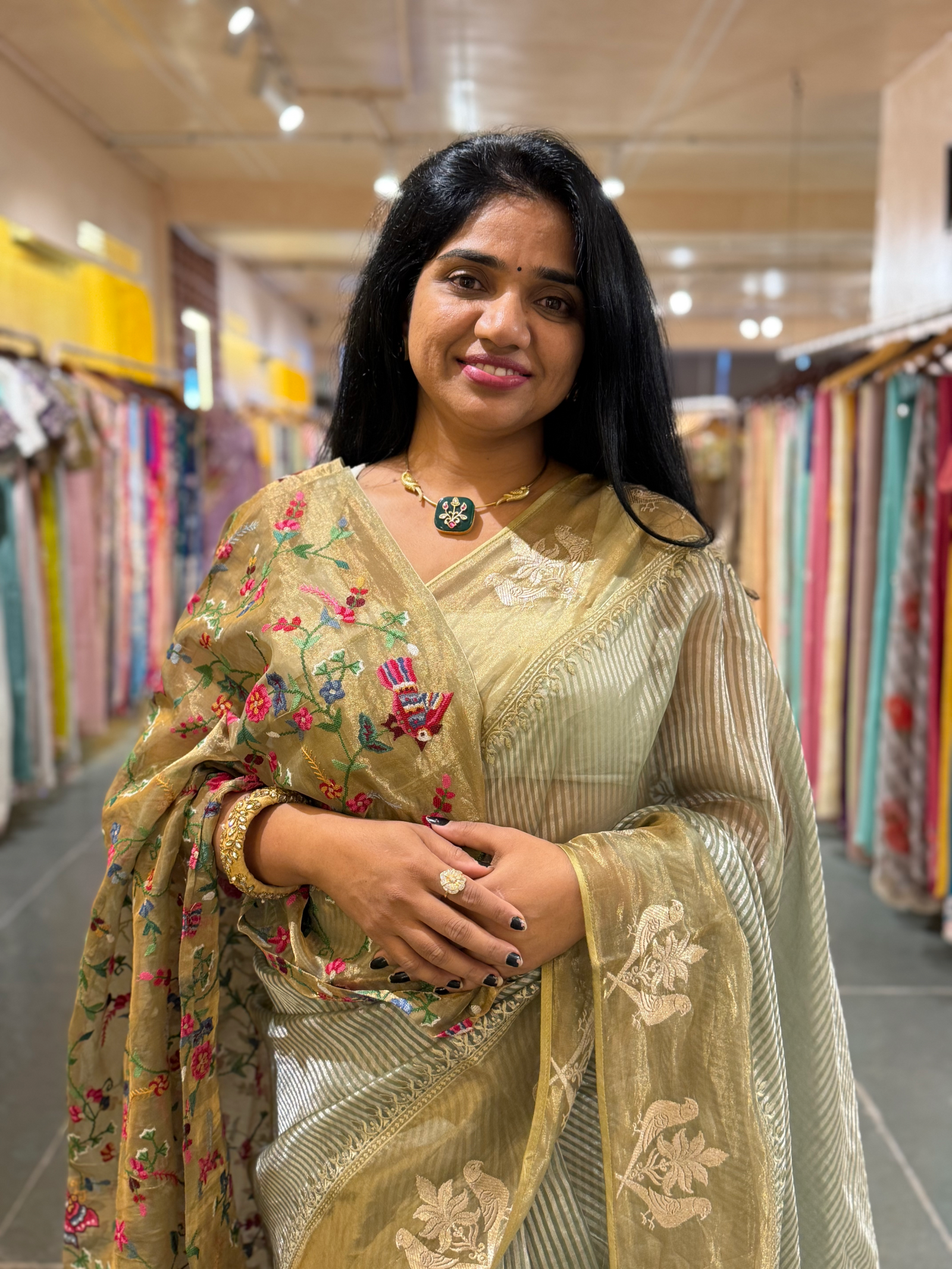 Sage Green Kora Tissue Silver Zari stripes saree wth tissue Embroidered Border