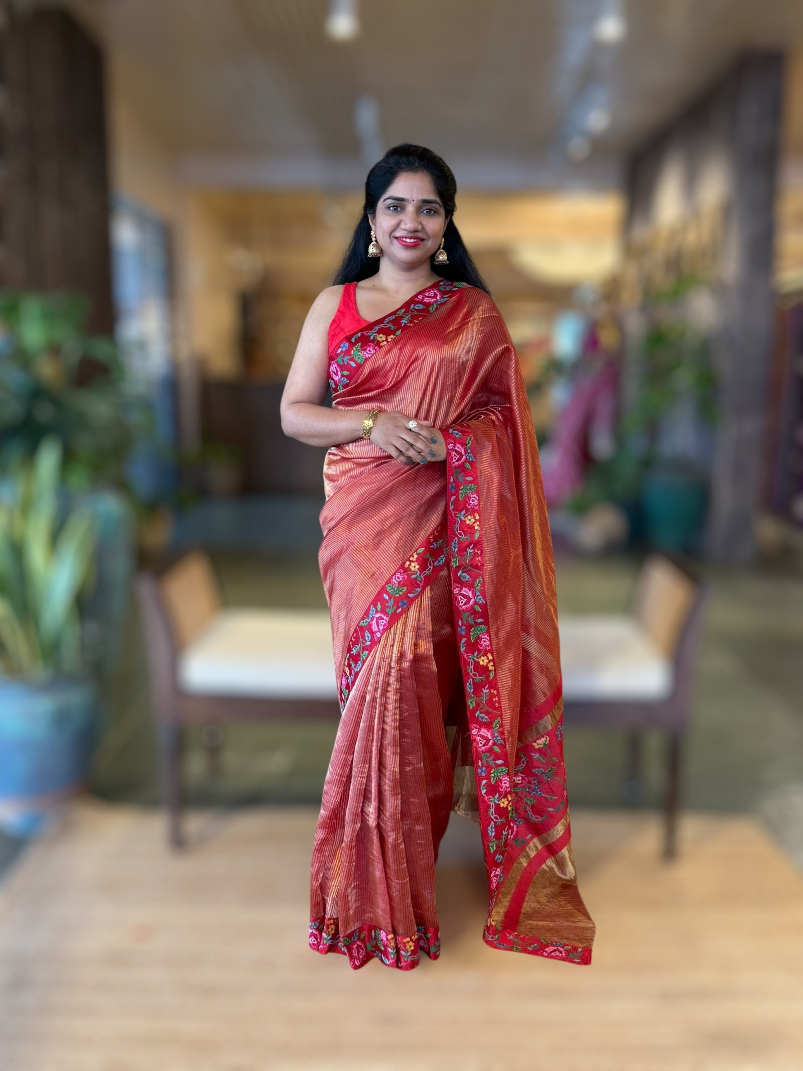 Red Kora Tissue Stripes Saree with Petite Point Embroidered Border Pallu & BP