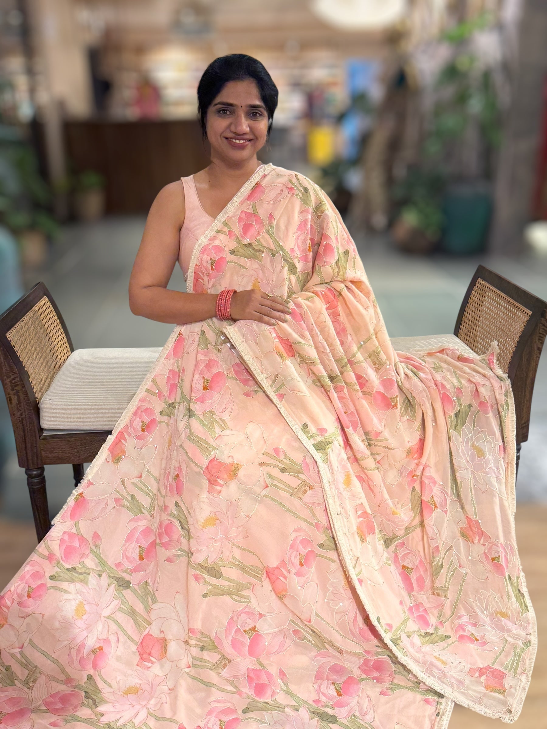 Peach Pink Pure Gorgette Printed Saree With Allover Hand Done Katha work