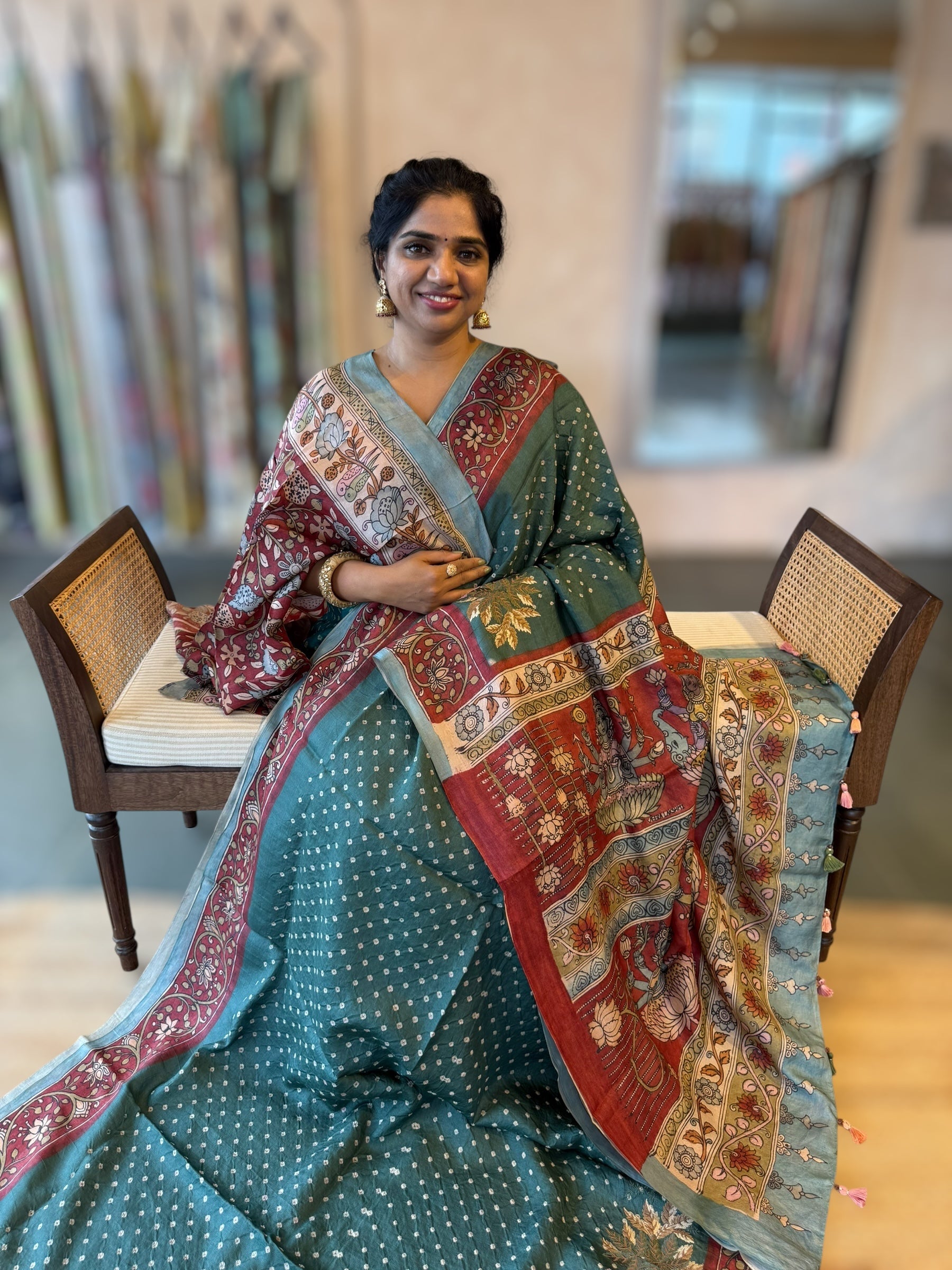 Bandhini Saree With Pen kalamkari Border & Petite Point Emb Blouse