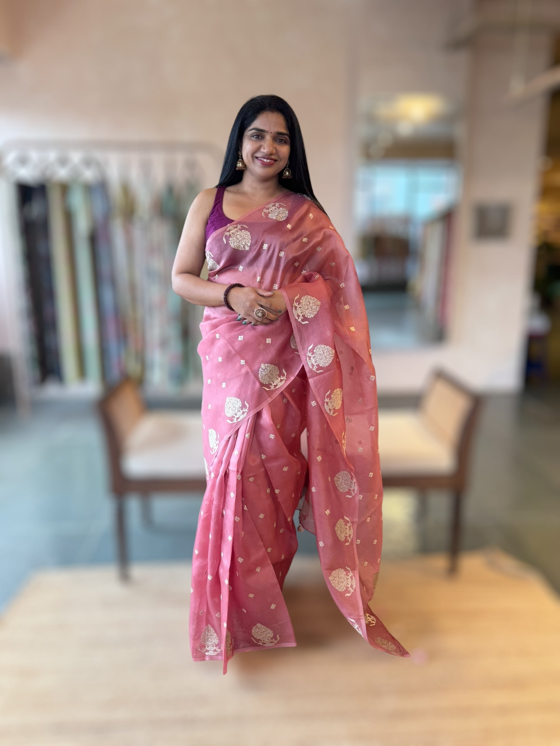 Onion Pink Organza Saree With Embroidered Open Border With Tussar Printed Blouse