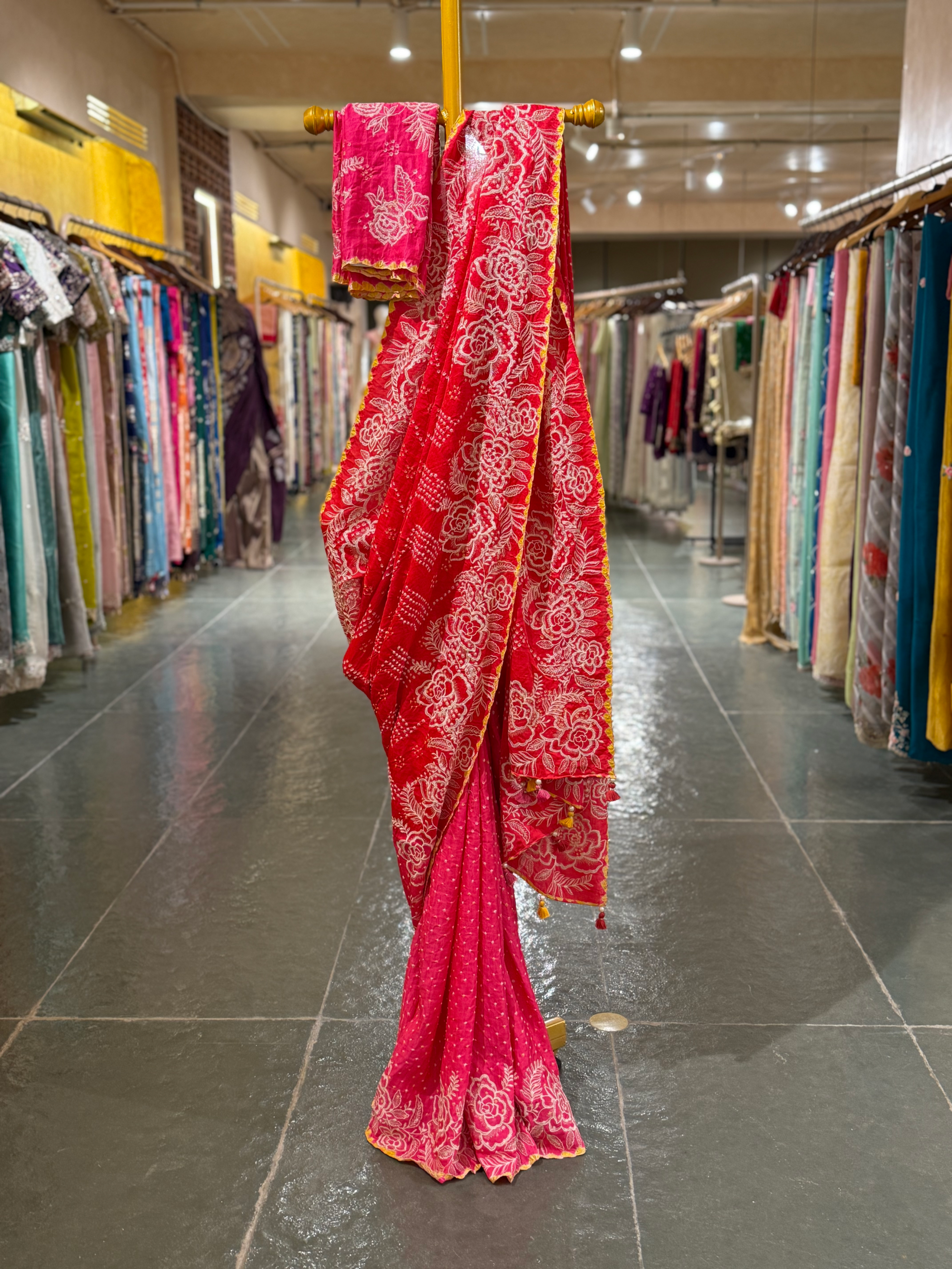 Orange and pink combo half and half style Gajji Silk  Rai Bandhej Saree