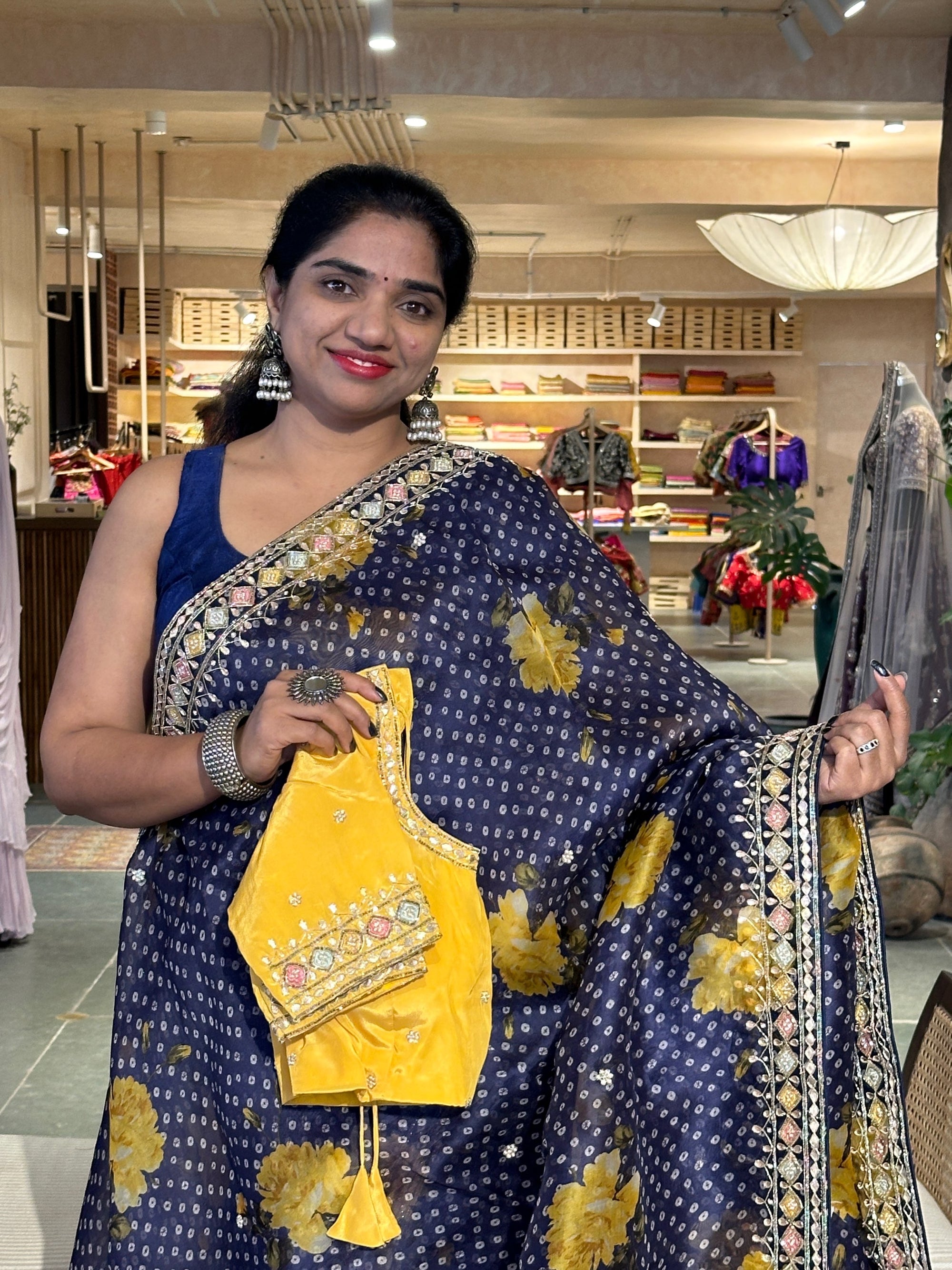 Midnight Blue Floral Organza Silk Saree