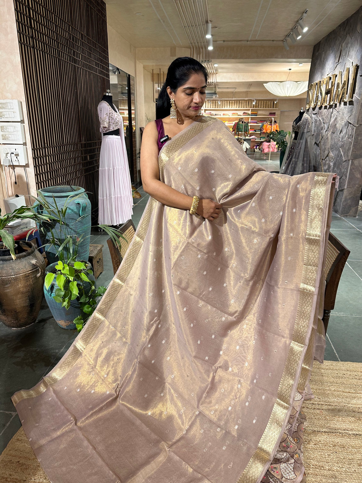 Light Mauve Cotton Tissue Saree with allover  Embroidery Blouse