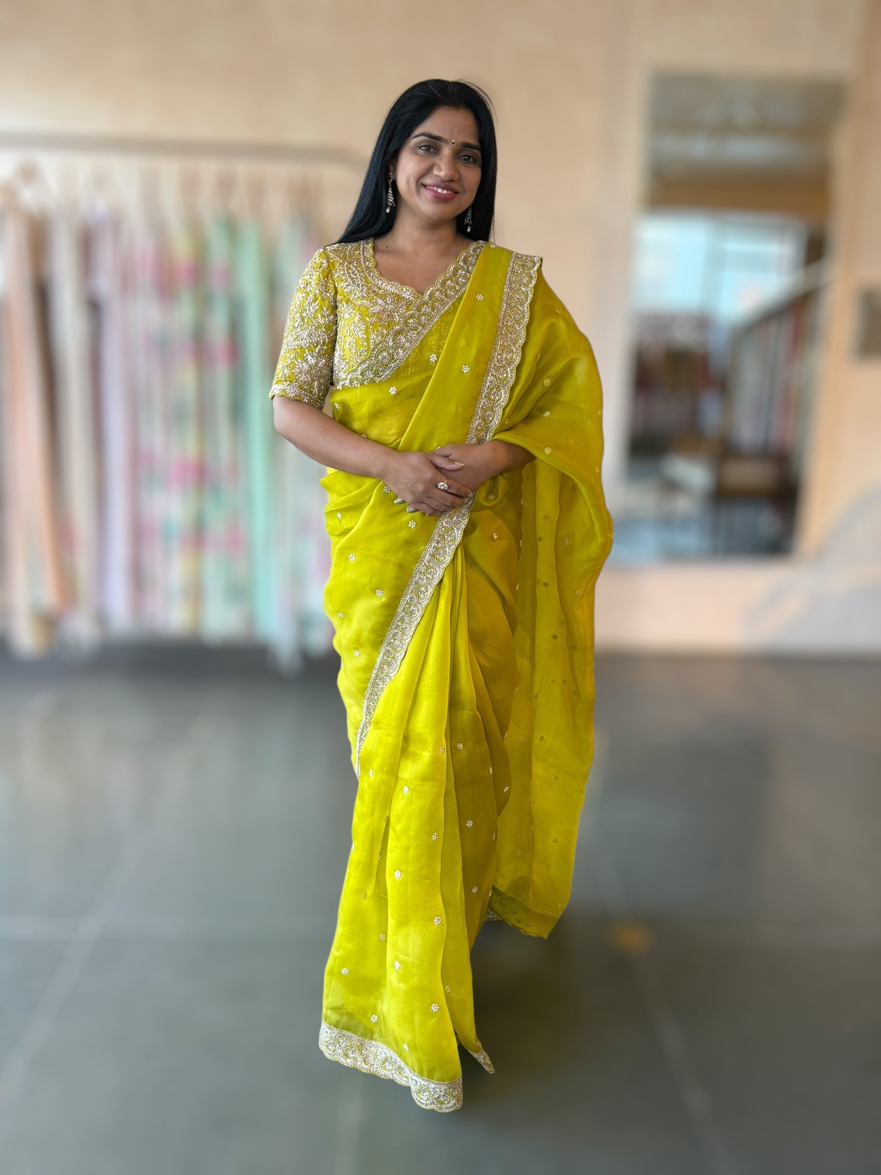 Neon Green Organza Handwork Saree