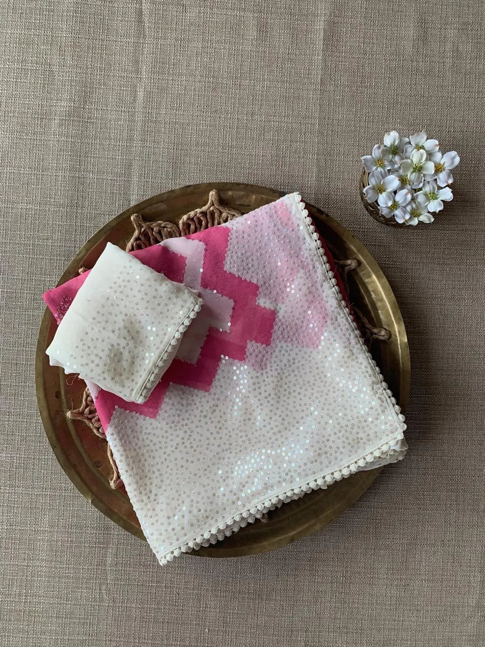 Coral Pink Pure Gorgette Saree With Zigzag Pattern Sequnce Border