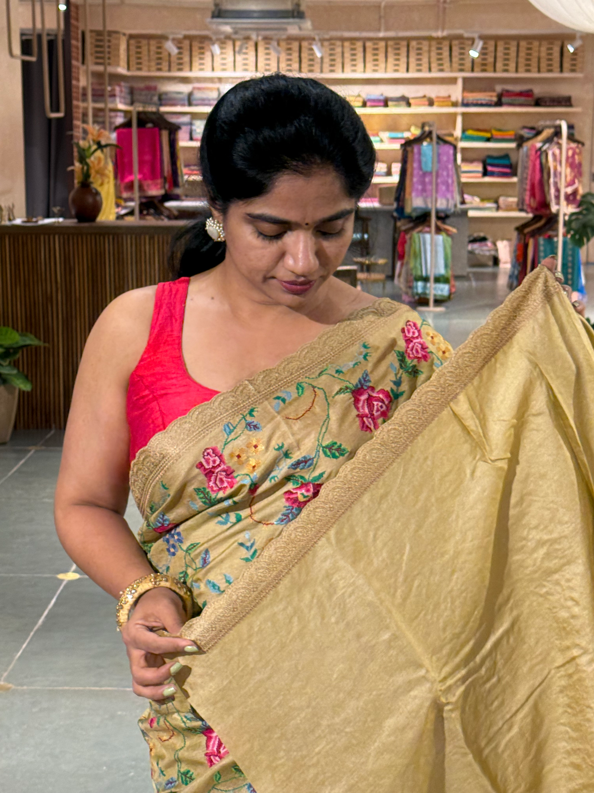 STPPA204 : Khakhi Pure Tussar Saree With Allover Petite Point Embroidery