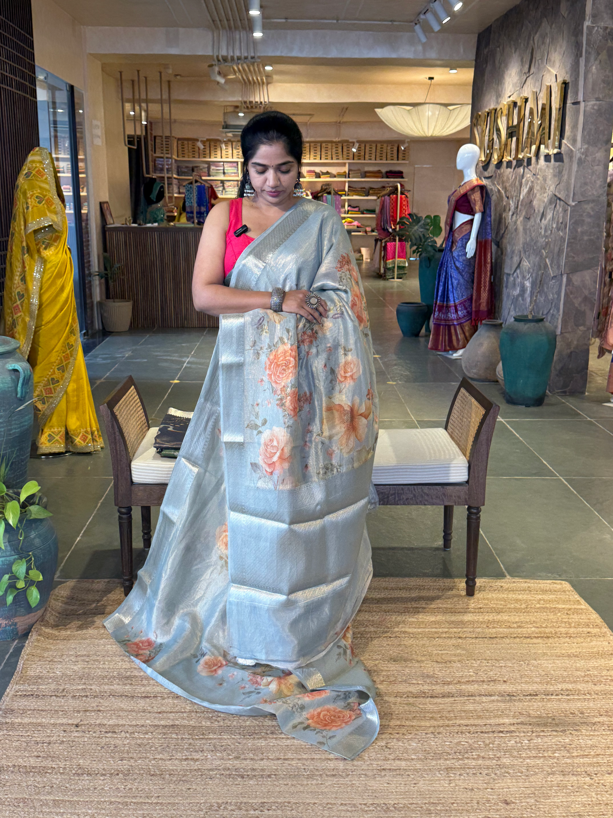 Brown Banarasi Floral Printed Cotton Saree with brocade pallu and blouse