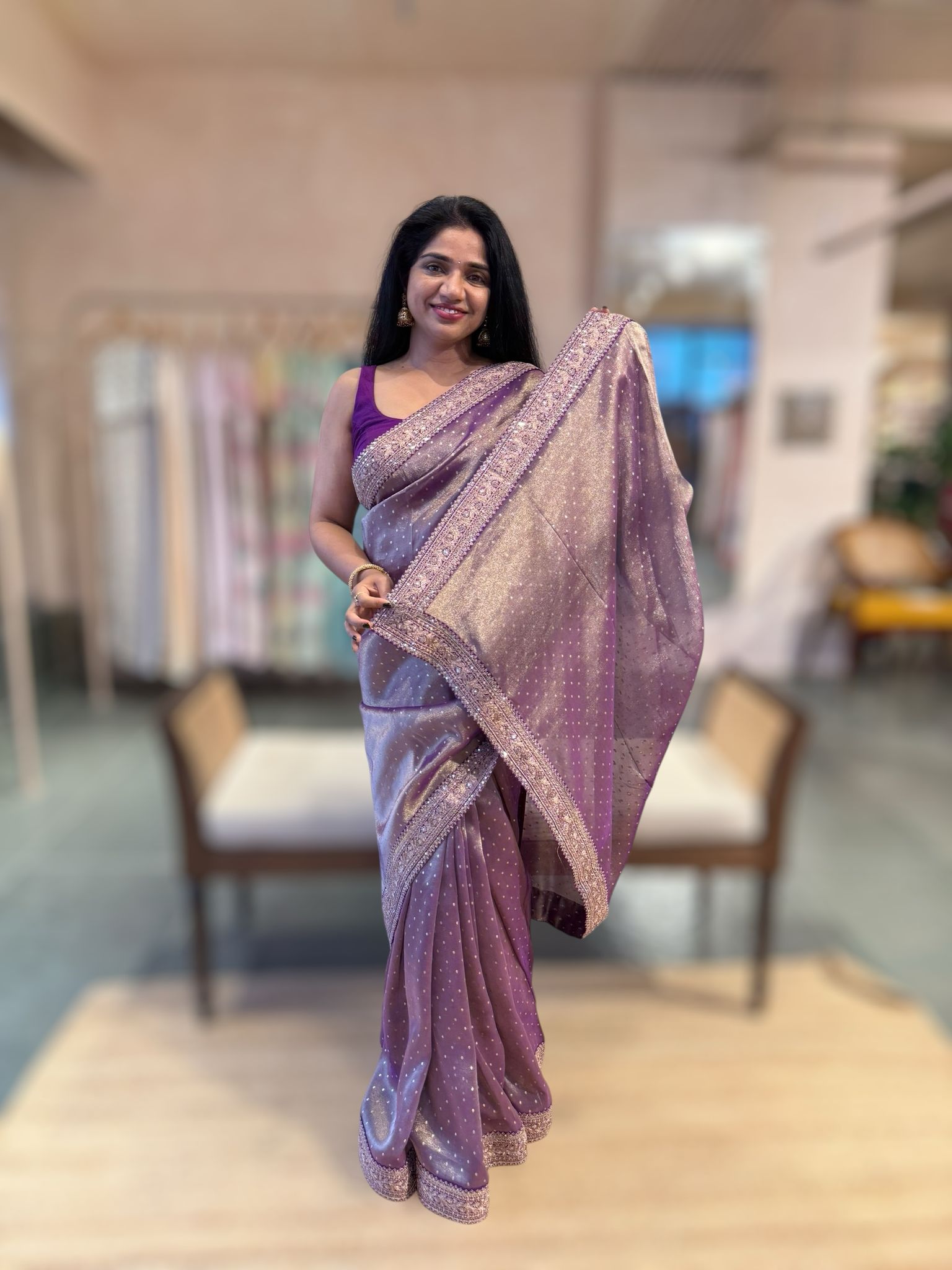 PurpleTissue Gorgette saree witj sabyasachi borders and allover pitawork blouse
