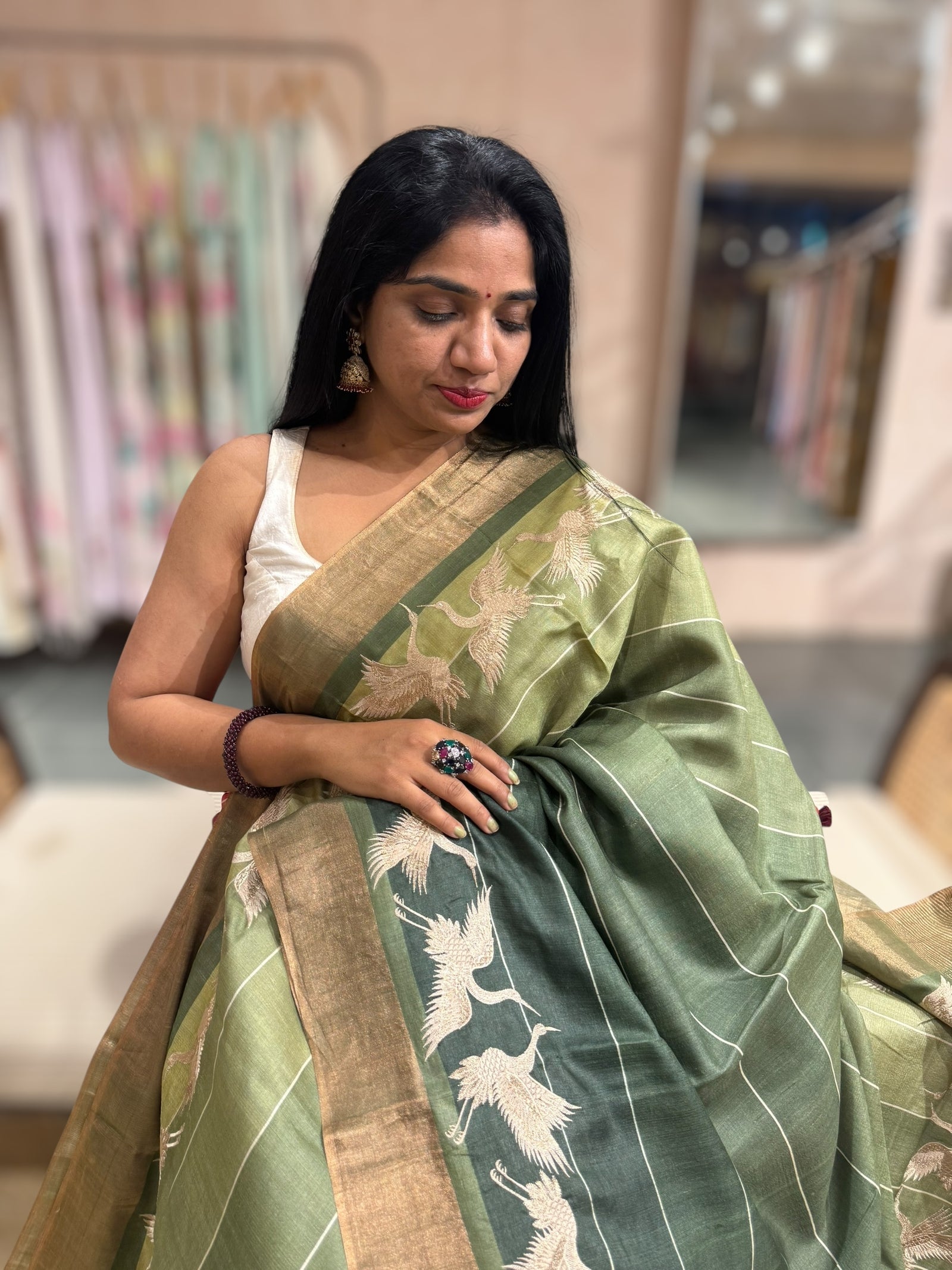 Tussar Rangkaat Saree With Crane Embroidered Border