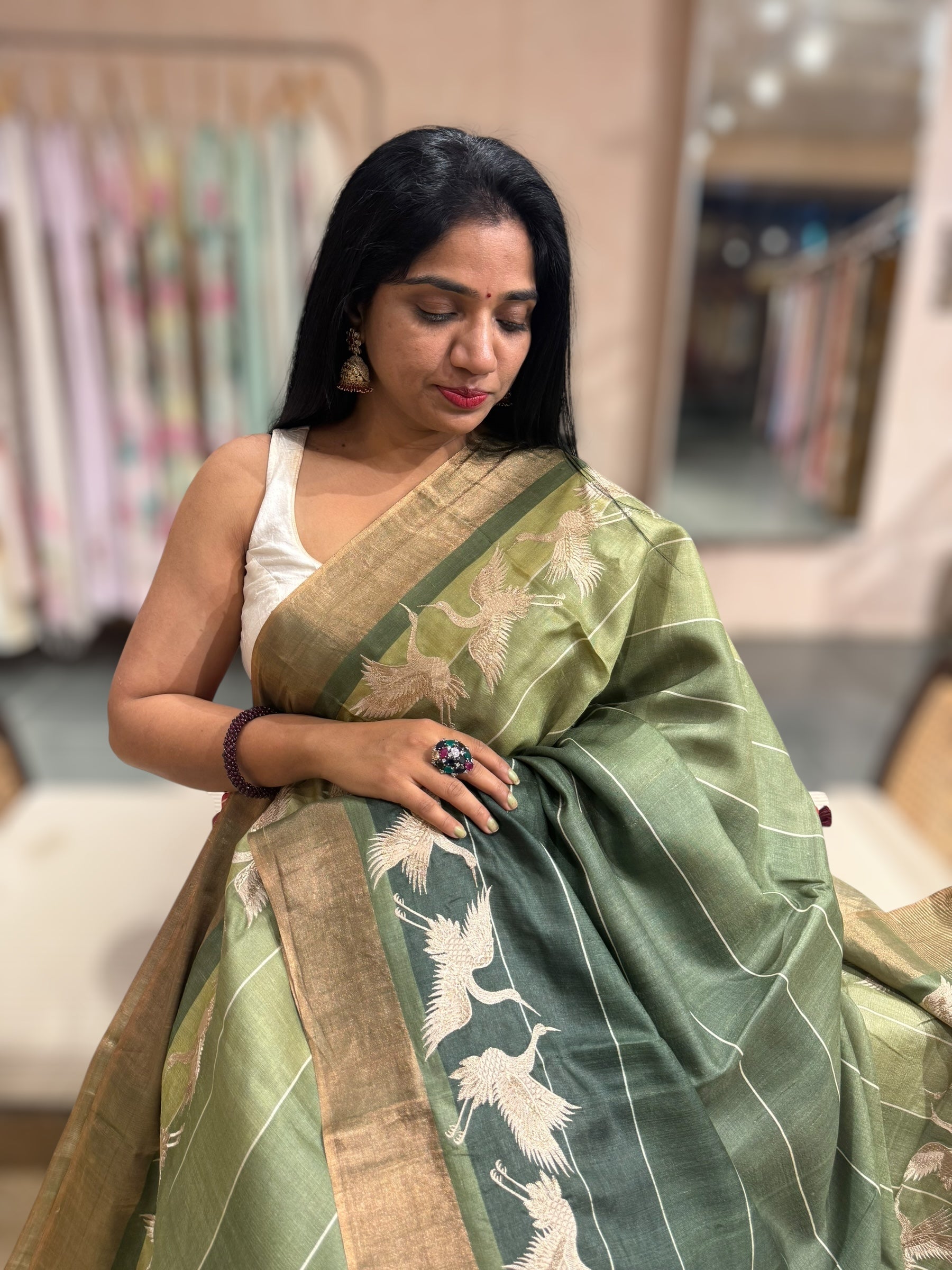 Tussar Rangkaat Saree With Crane Embroidered Border