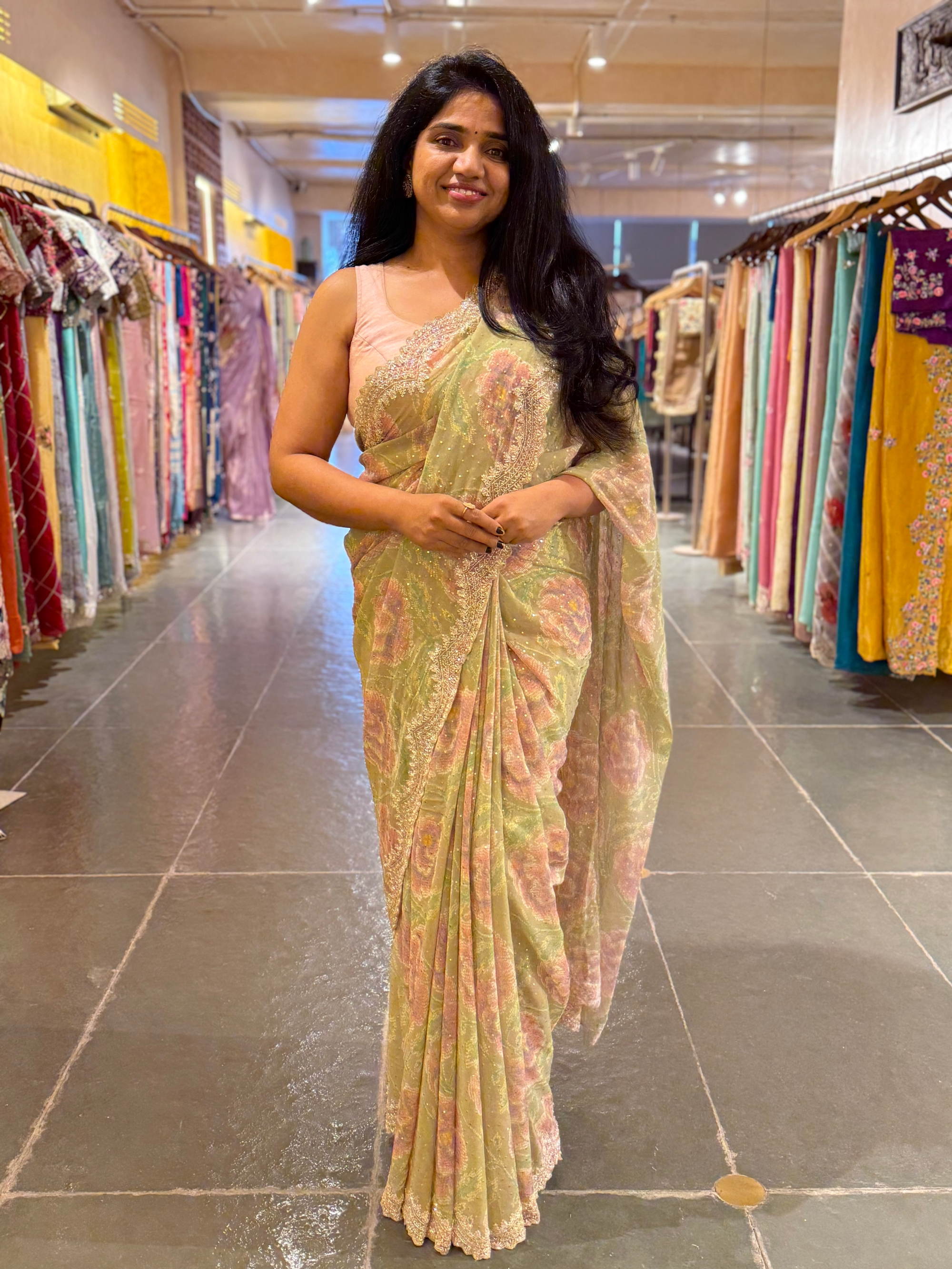 Pista Green Pure gorgette printed Saree with handwork