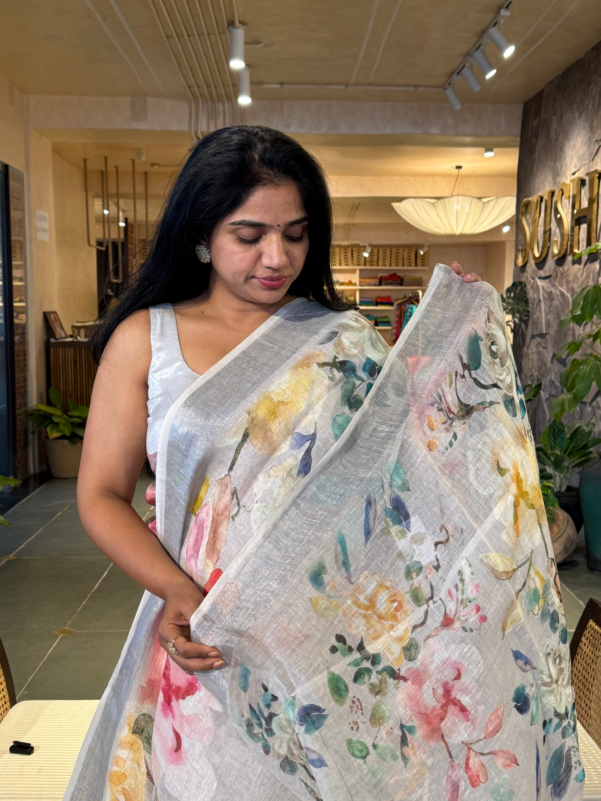 Light Grey  Pure Handloom Lenin Printed Sarees With Silver Zari Border