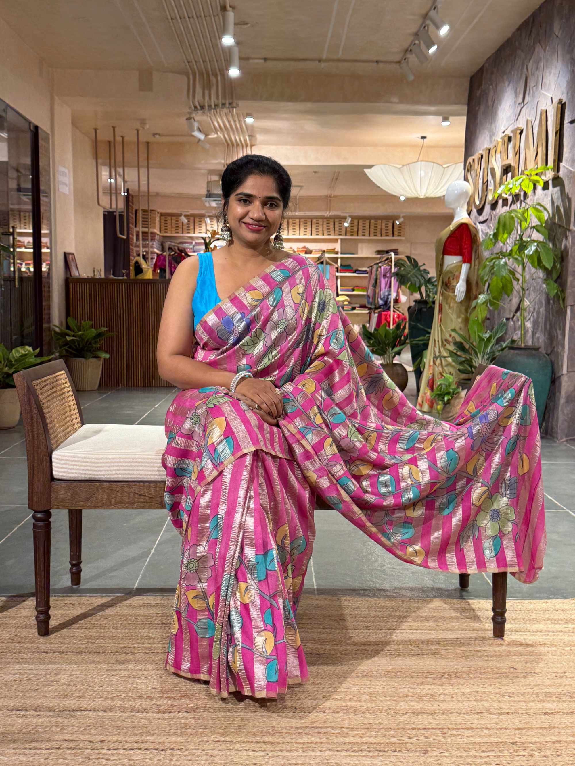 SMTKM1710 Pure Handloom Munga Silk Wth Tissue Stripes & kalamkari Handpainting