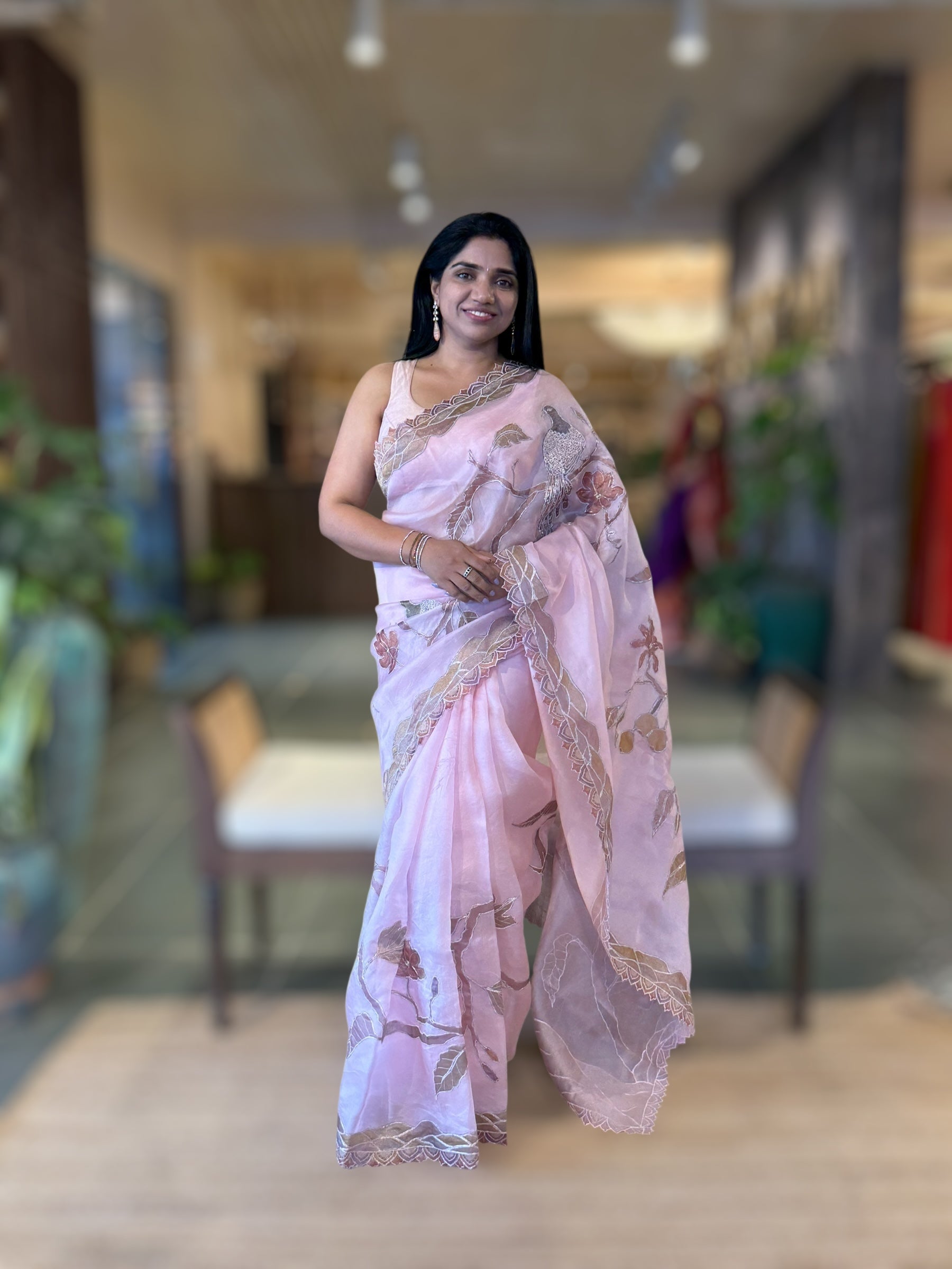 Rose Pink Pure Organza Saree with one of a kind Tissue Applique work allover