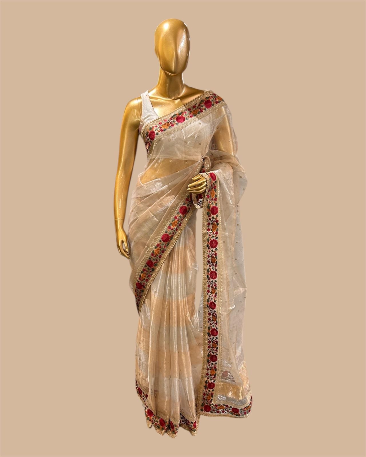 Pure Tissue Saree with silver and golden zari wide stripes & Embroidered Borders