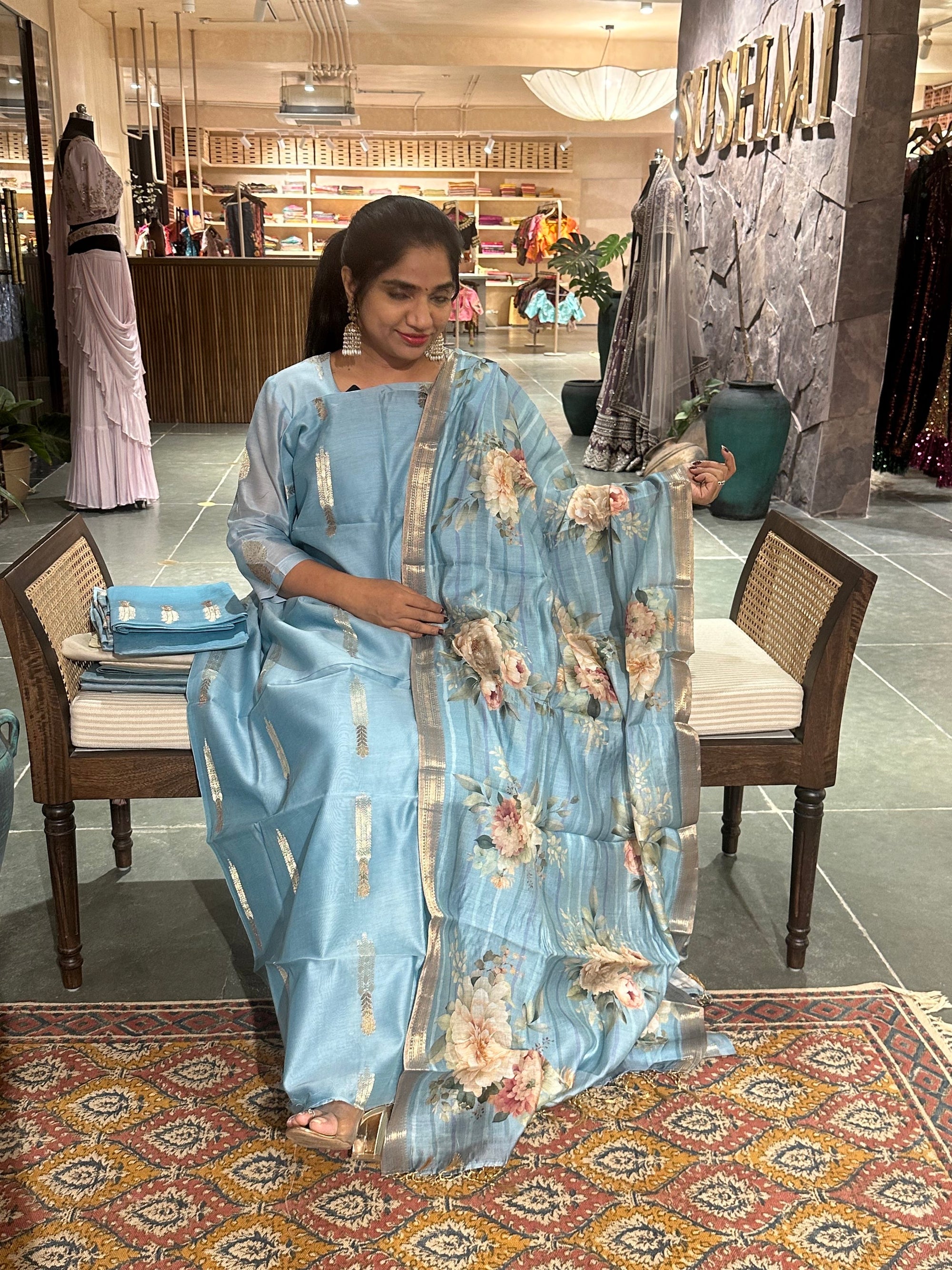 Dark Powder Blue Banarasi Silk Cotton 3-pc Suit Set