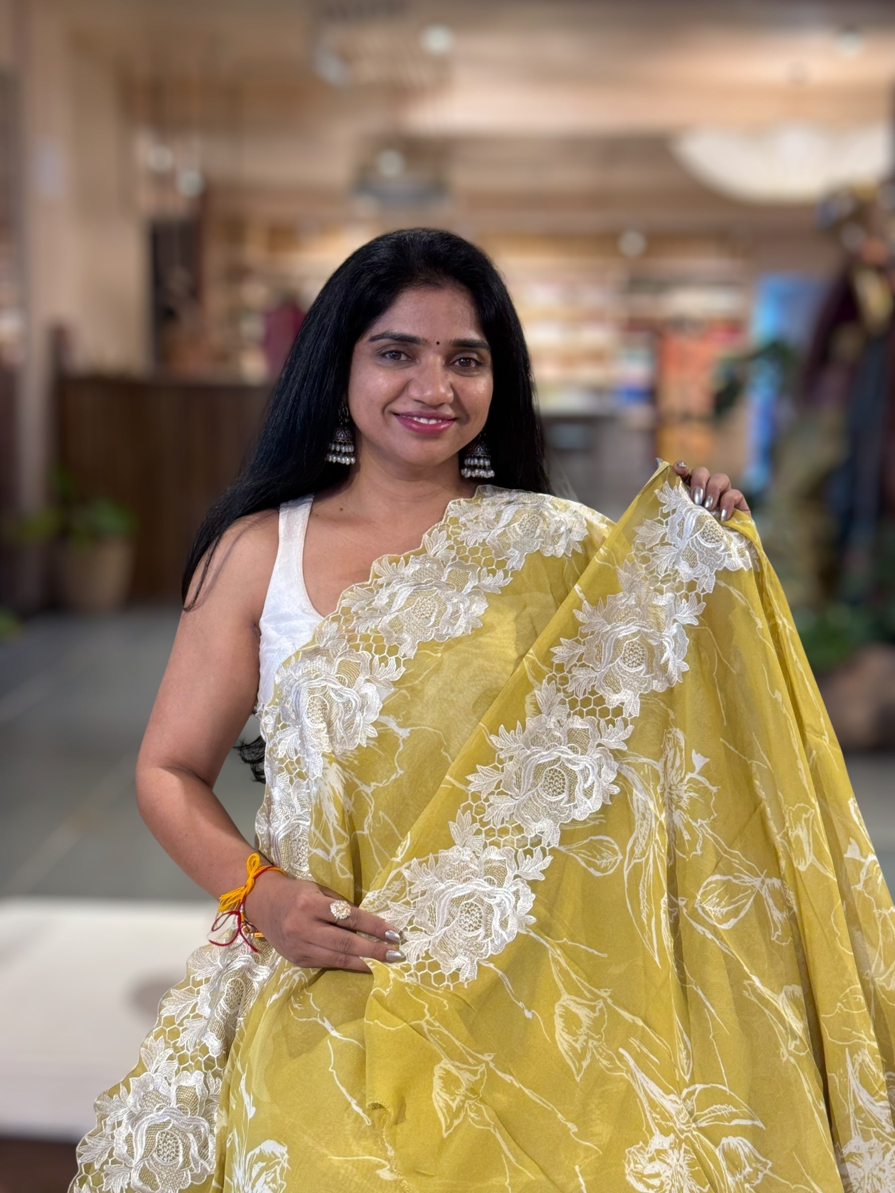 Lemon Gorgette Printed Saree With Chatilly Lace Style Cutwork embroidered Border