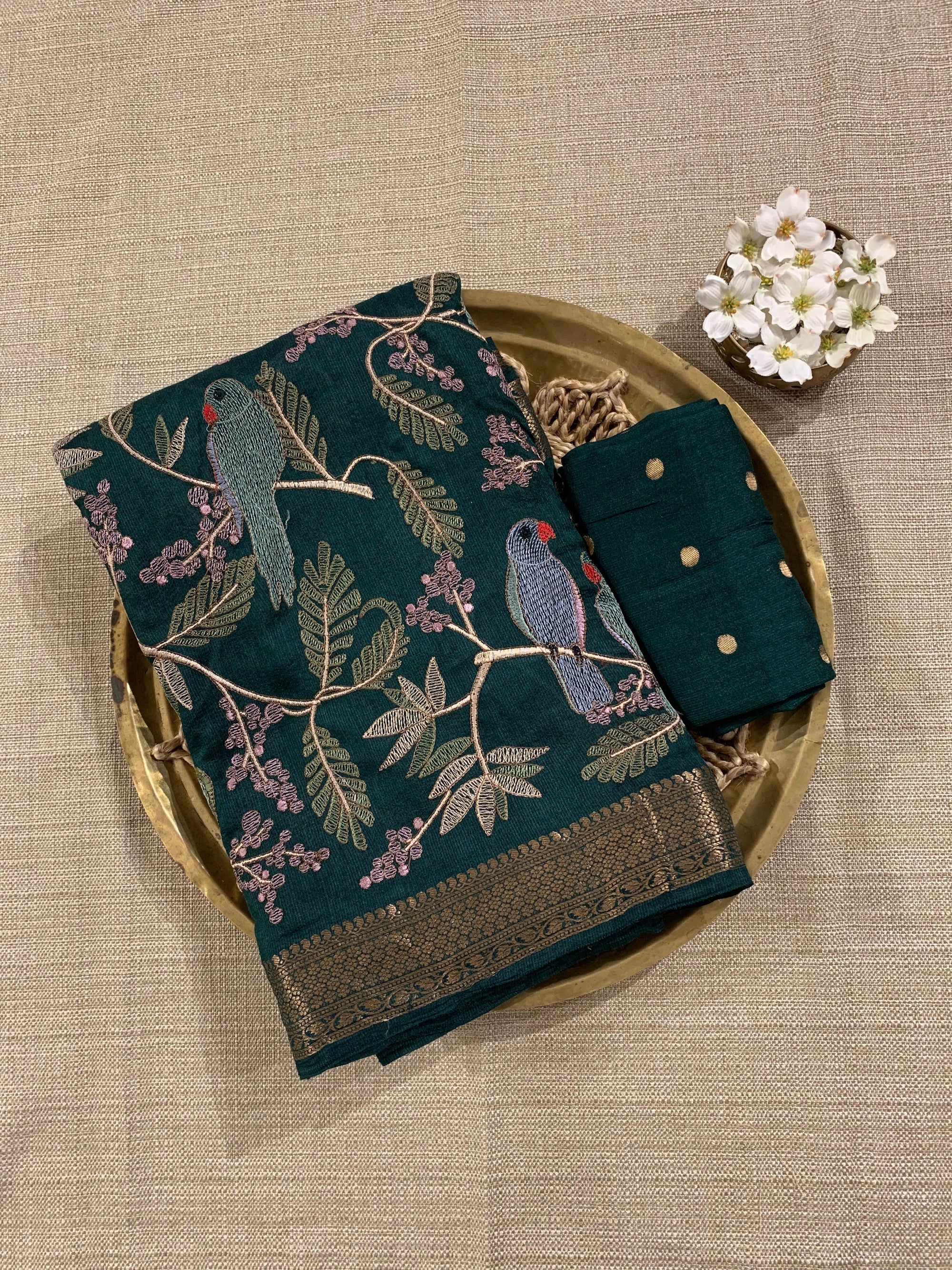 SMSEA113 Forest Green Pure Handloom Munga Silk Saree with allover  Embroidery